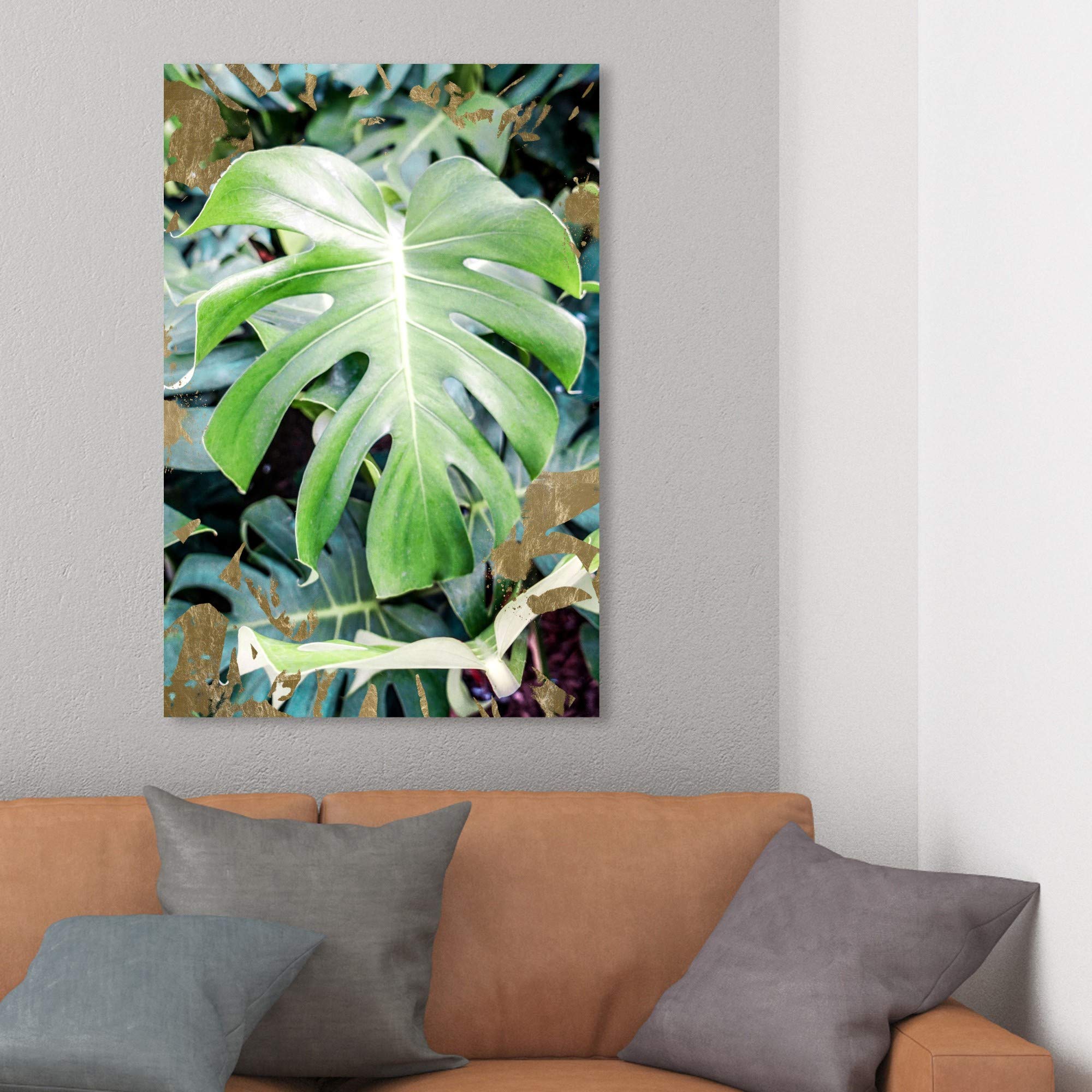 Wynwood Studio Monstera Jungle Bronze Floral Wall Art Canvas Print - 24x36 Inches, Green & Brown Botanical Home Decor for Living Room, Bedroom, or Office