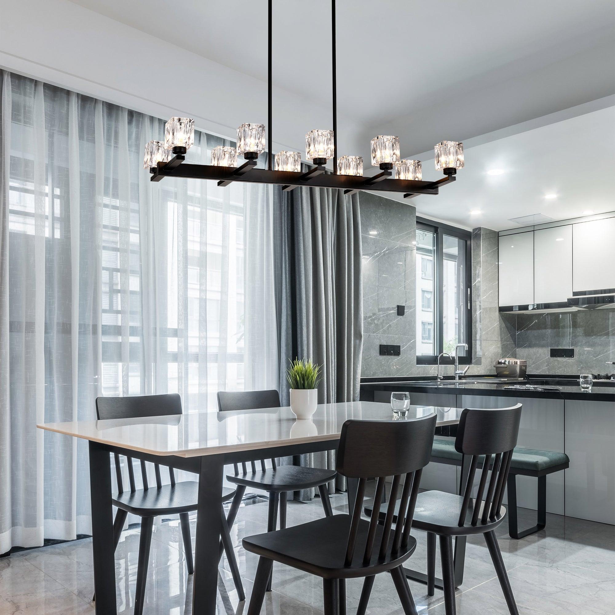 10-Light Black Farmhouse Linear Chandelier - Modern Crystal Pendant Lighting for Dining Room, Kitchen Island, Bar & Long Table - G9 Bulb Compatible (10xG9, Max 40W) - Perfect for Rustic, Industrial & Contemporary Home Decor