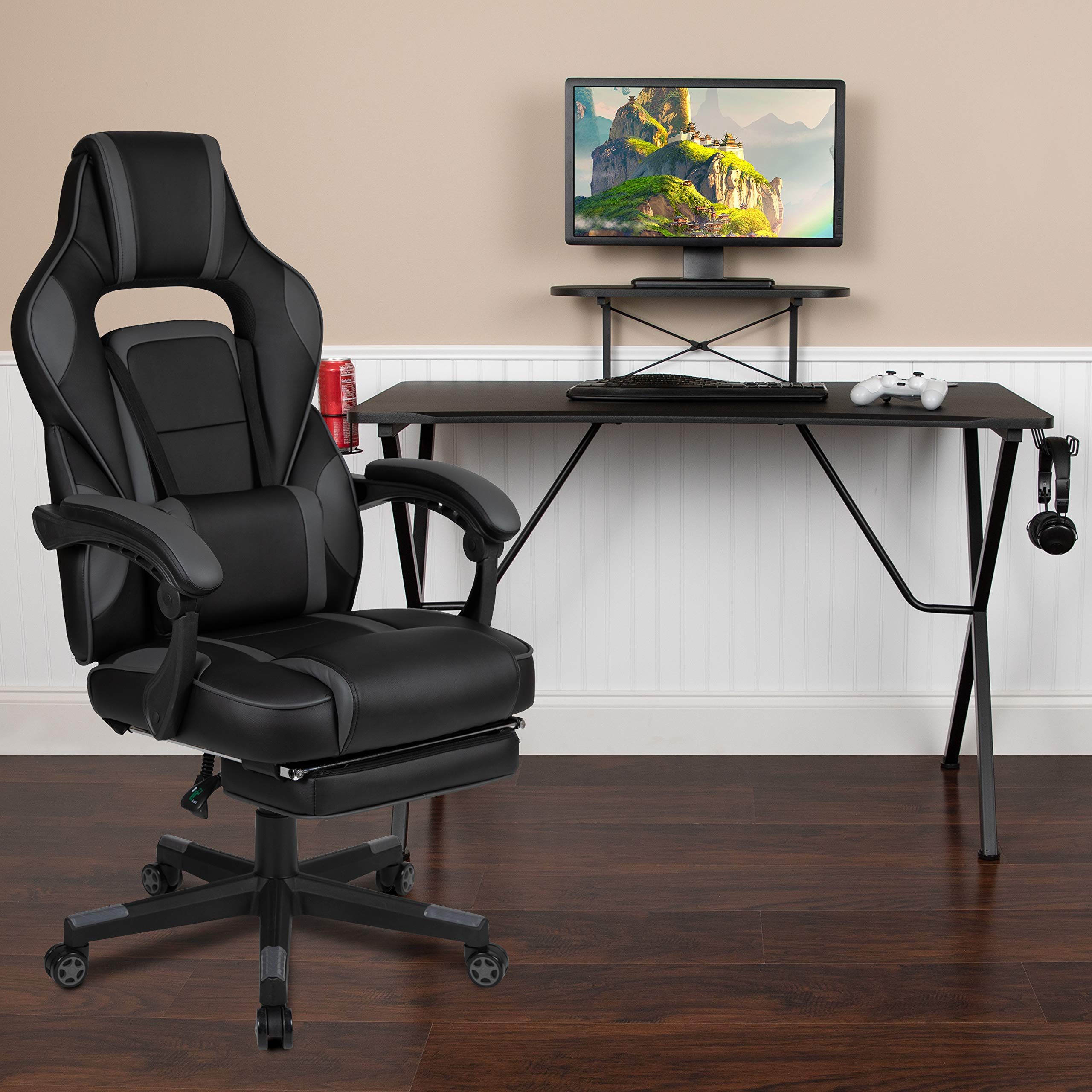 Flash Furniture Optis Black Gaming Desk with Cup Holder, Headphone Hook & Monitor Stand - Ergonomic Gaming Chair with Reclining Back, Adjustable Arms & Footrest - Perfect for PC Gaming, Streaming & Home Office Setup