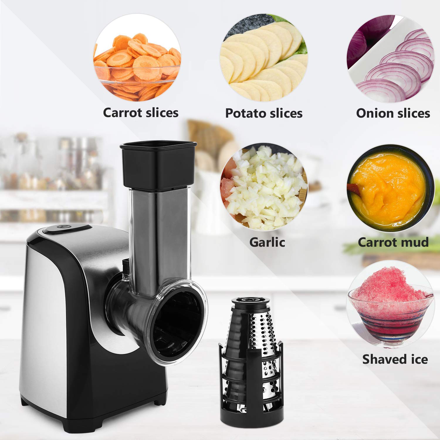 5-in-1 Electric Cheese Grater & Shredder - Professional Kitchen Tool for Block Cheese, Carrots, Cabbage & Nuts - BPA-Free Salad Maker - Perfect for Home Cooking, Meal Prep & Party Platters