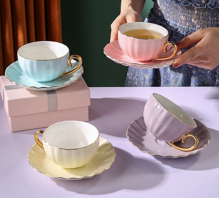 Elegant Macaron Ceramic Coffee Mugs & British Tea Cups Set - Creative Bone China Porcelain Tea Cup with Saucer - Perfect Birthday Gift for Tea Lovers - Ideal for Afternoon Tea, Coffee Break & Home Decor