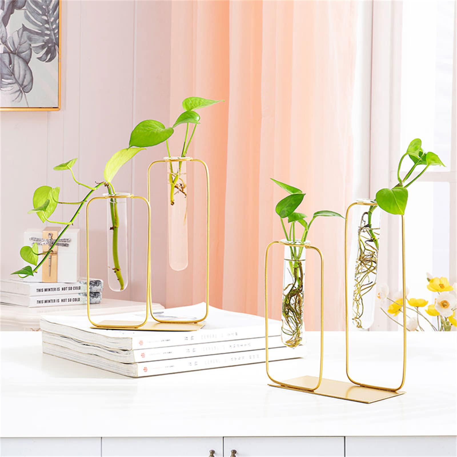 Golden Metal Outline Bud Vase with 2 Glass Containers - 13.5