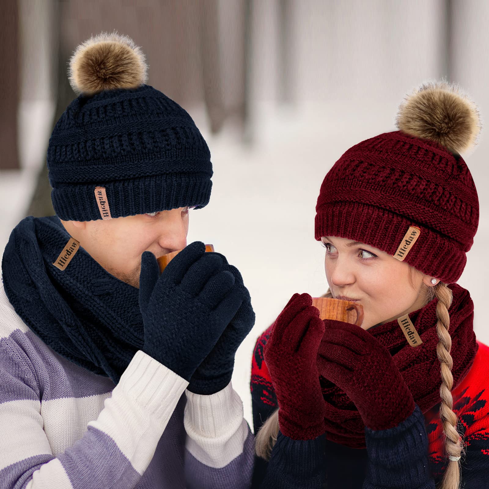 Hicdaw Women's Winter Hat Gloves Scarf Set - Warm Beanie Hat, Circle Loop Scarf & Gloves for Cold Weather - Perfect for Snowboarding, Skiing & Outdoor Activities