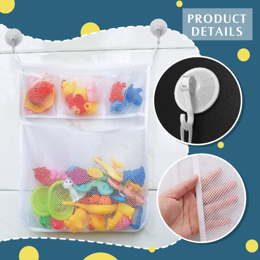 2-Pack Bath Toy Organizer with 4 Strong Suction Hooks - Mesh Storage Bag for Bath Toys, Shampoo & Soap - Quick-Drying Shower Toy Holder - Perfect for Kids' Bathtime Organization and Bathroom Storage