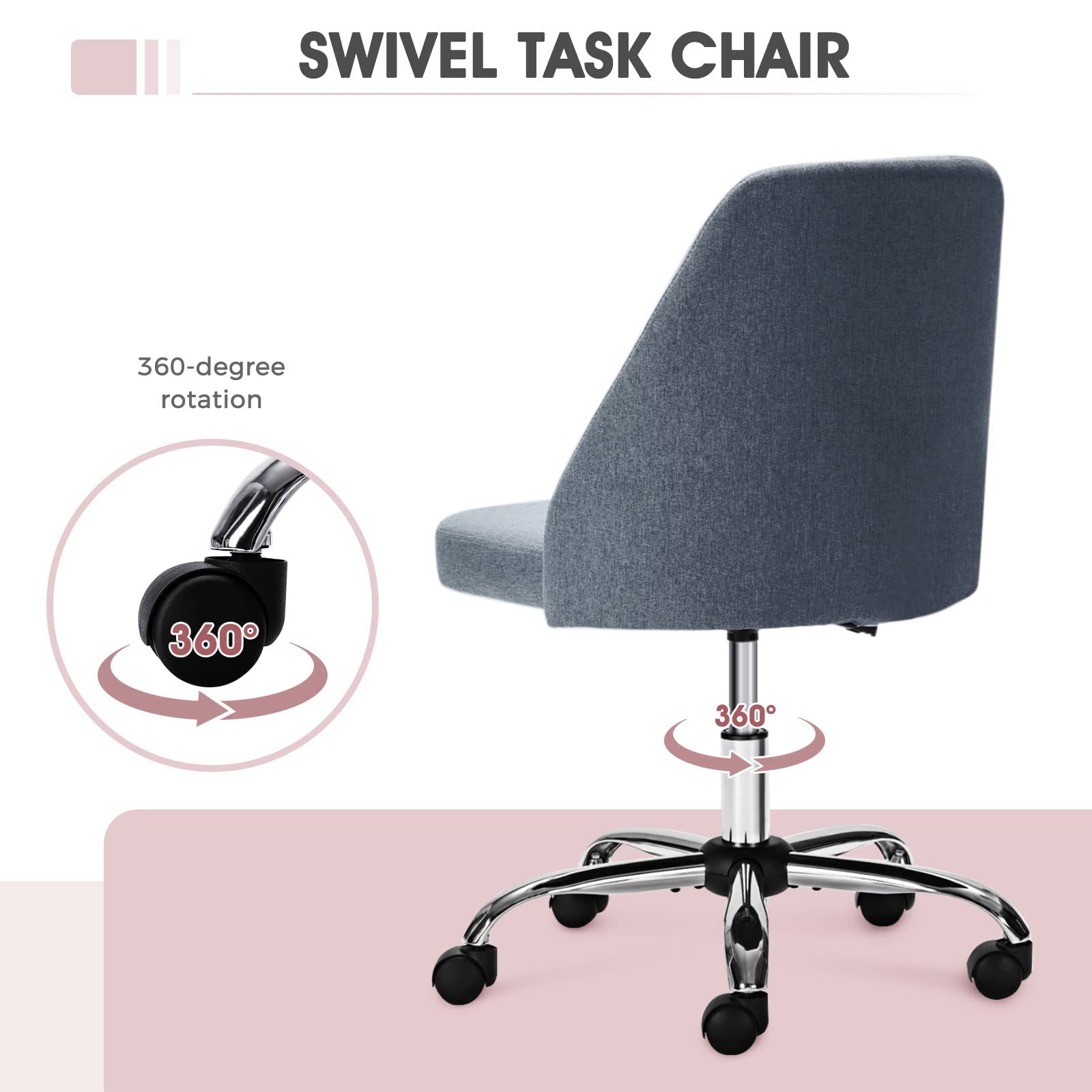 Ergonomic Home Office Desk Chair - Adjustable Rolling Task Chair with Lumbar Support, Armless Modern Design for Small Spaces, Bedroom, Makeup Vanity & Workspace - Comfortable Seating for Remote Work & Study