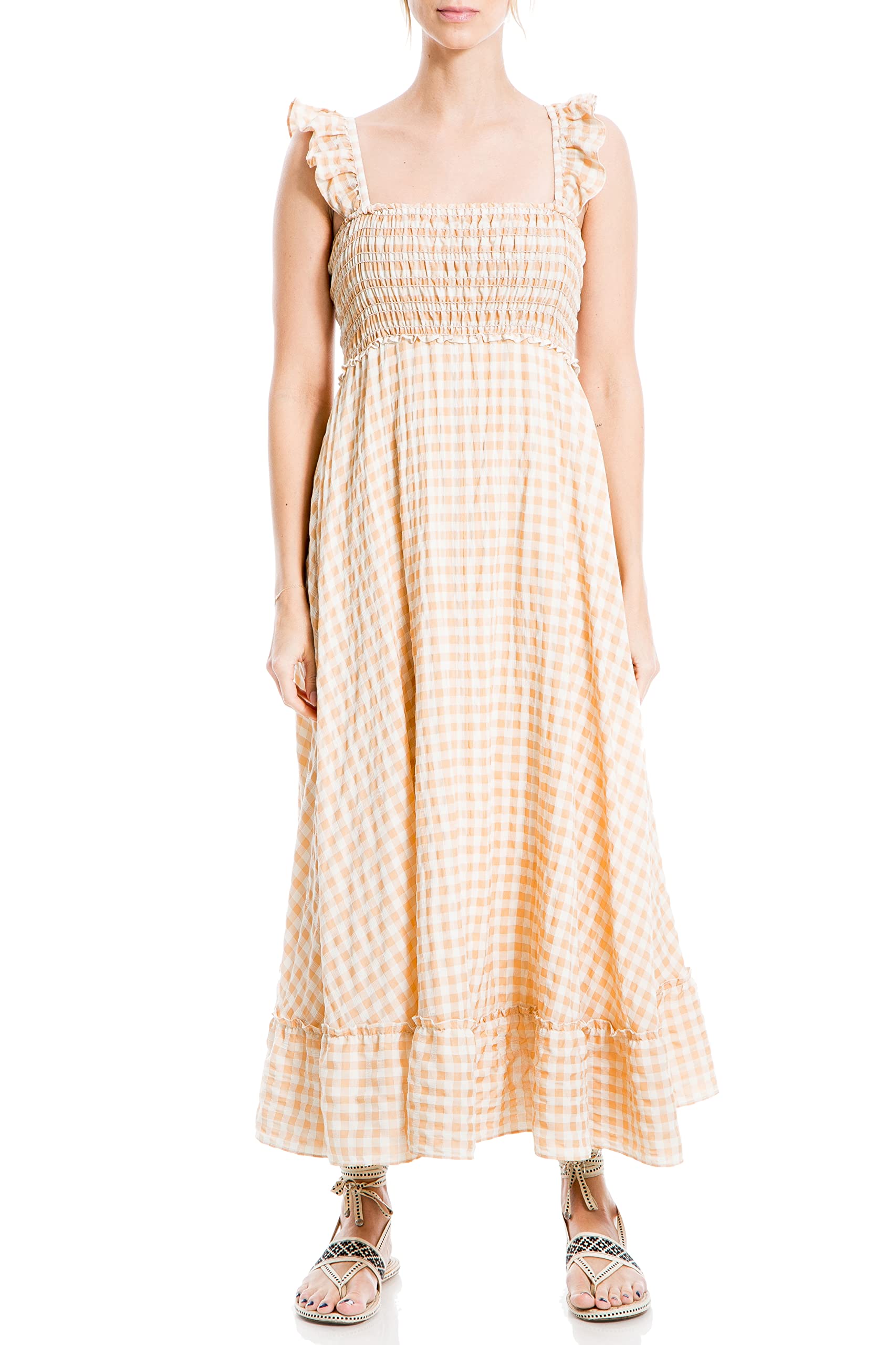 Max Studio Women's Yarn Dye Ruffle Sleeve Smocked Dress - Flowy Summer Dress for Beach, Wedding & Casual Outings