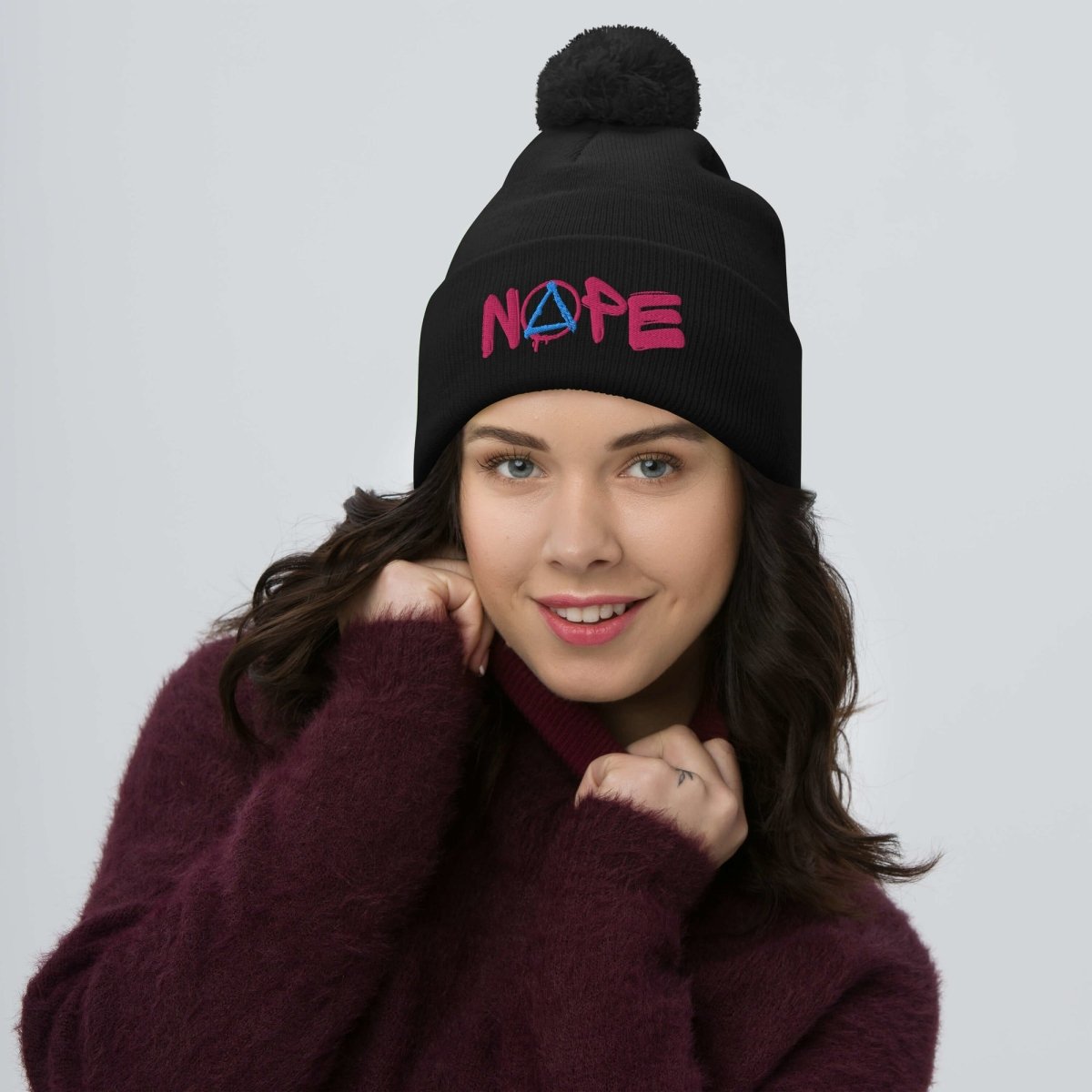 NOPE Embroidered Pom Pom Beanie - Winter Warm Knit Hat for Men & Women - Perfect for Skiing, Snowboarding & Cold Weather Activities
