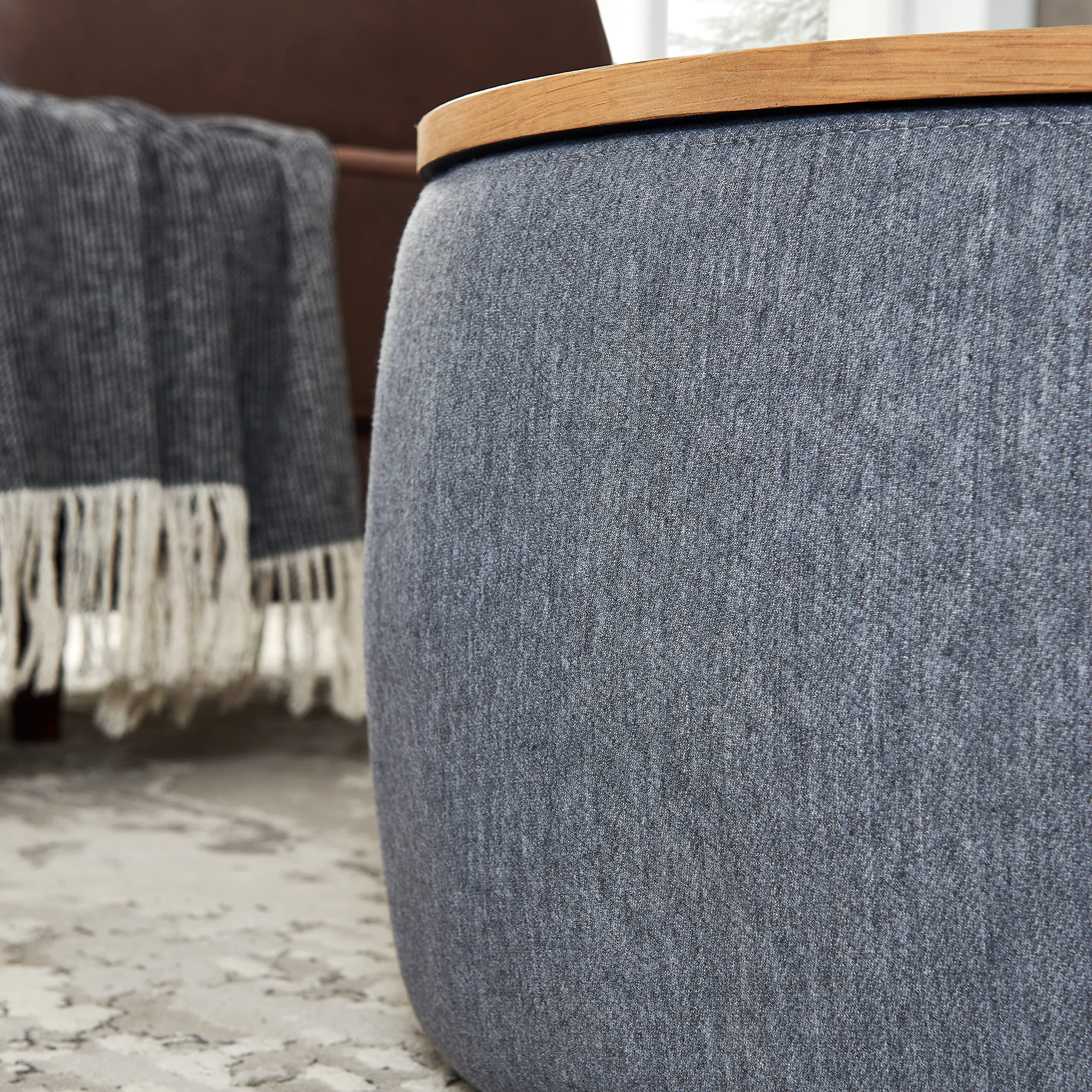 Modern Round Storage Ottoman with Wooden Lid - Handmade Circle Coffee Table, End Table & Footstool for Living Room - Dark Gray - Perfect for Small Spaces, Home Decor & Extra Seating