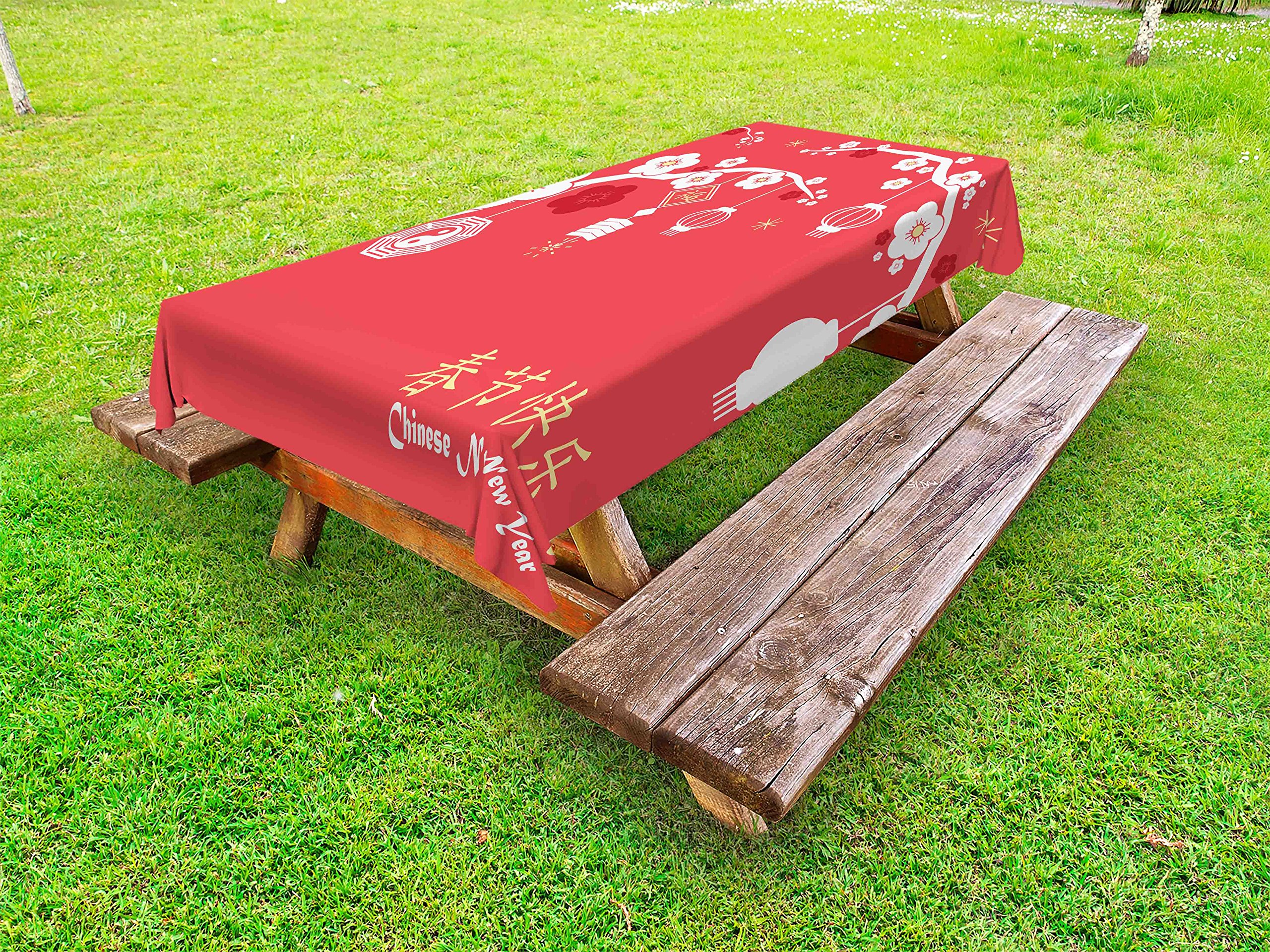 Ambesonne Chinese New Year Tablecloth - Folkloric Sakura Blossom Design, Washable Outdoor Picnic Table Cover 58x120 Inches, Pale Yellow & Dark Coral - Perfect for Spring Parties, Lunar New Year Decor, and Garden Dining