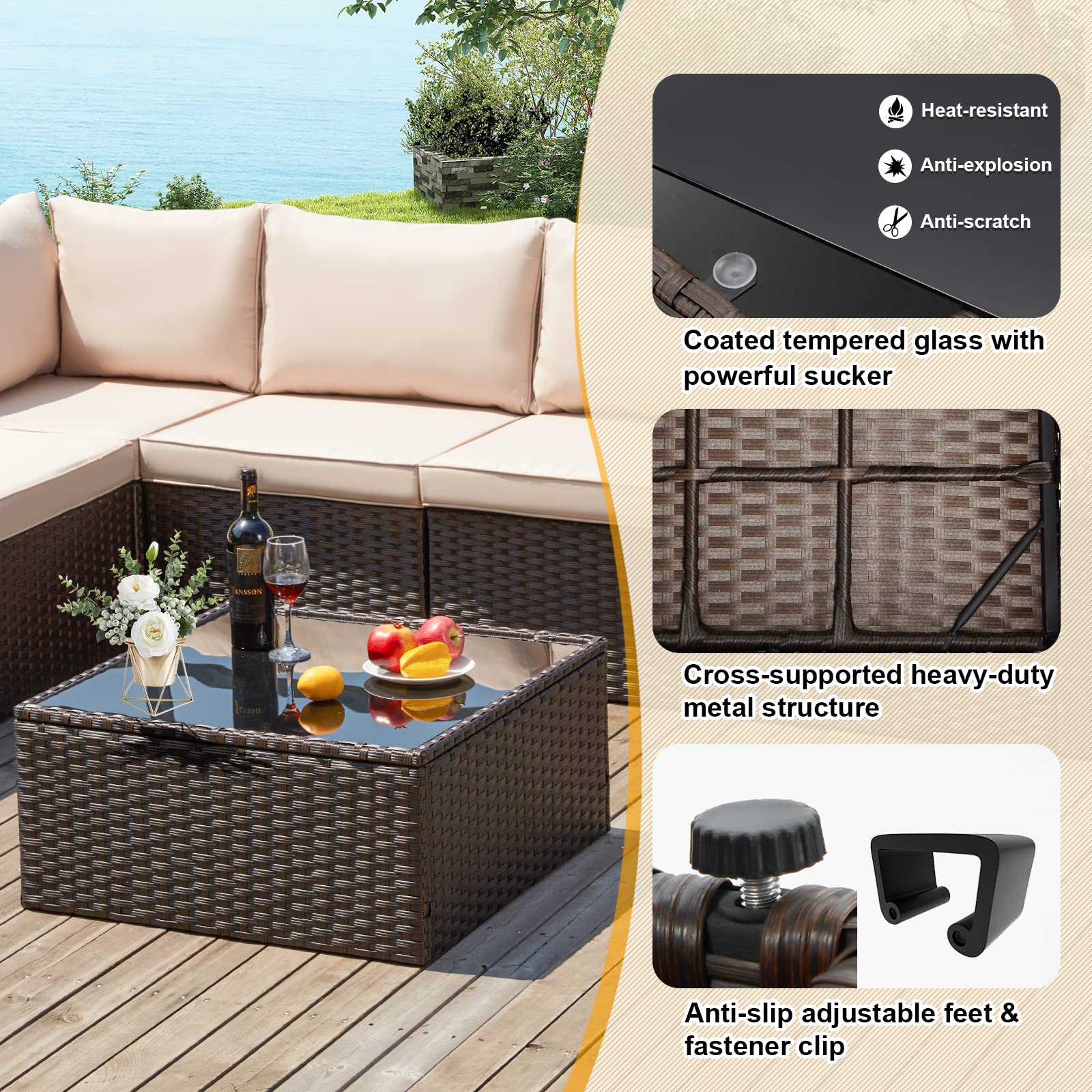 Vicluke 7-Piece PE Rattan Patio Furniture Set - Outdoor Wicker Sectional Sofa with Cushions & Glass Table - High Back Garden Conversation Set for Backyard, Deck, Poolside (Khaki)