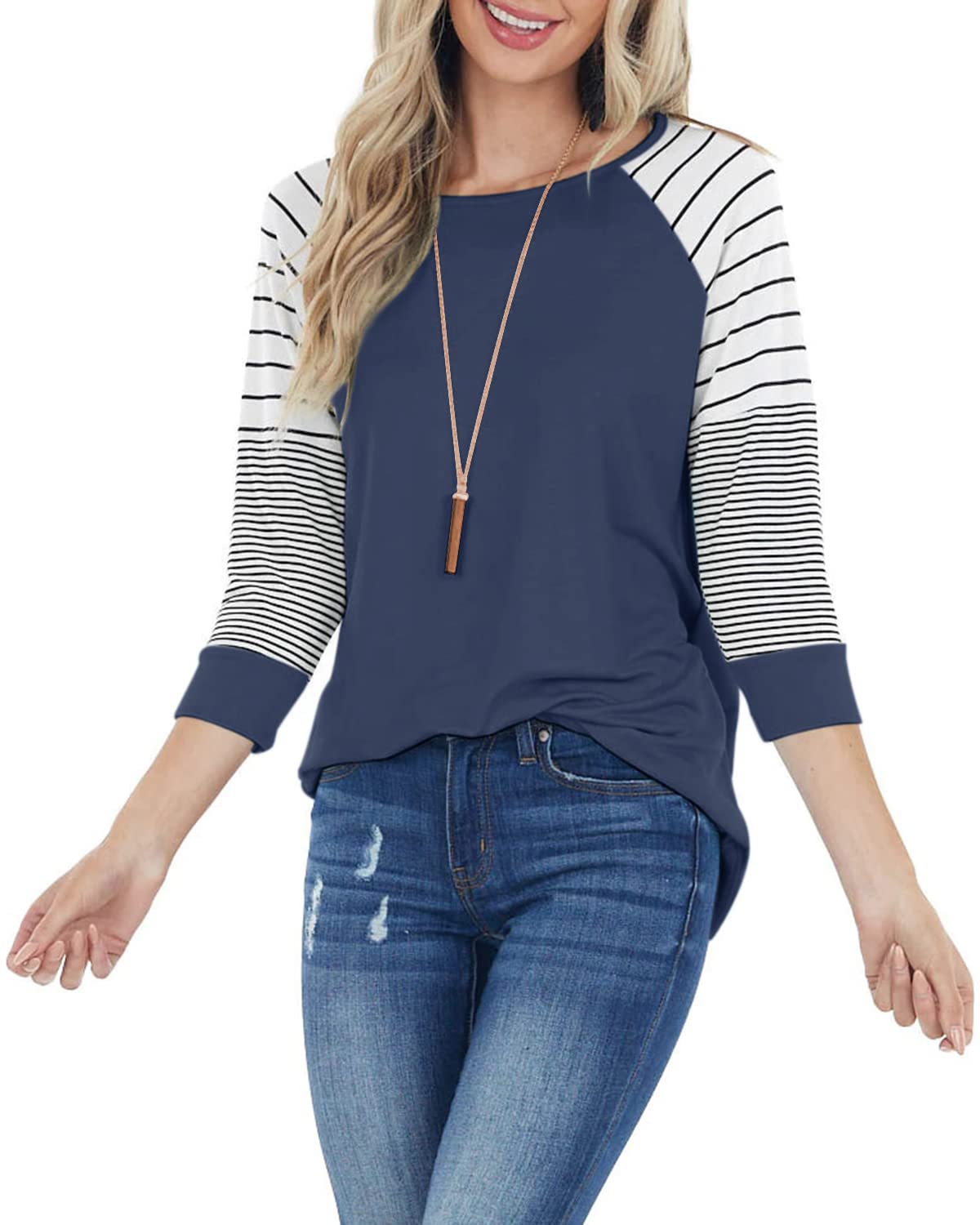 ReachMe Women's Casual 3/4 Sleeve Striped Raglan Tee - Loose Fit Crewneck T-Shirt Blouse for Everyday Wear, Work & Weekend Outfits