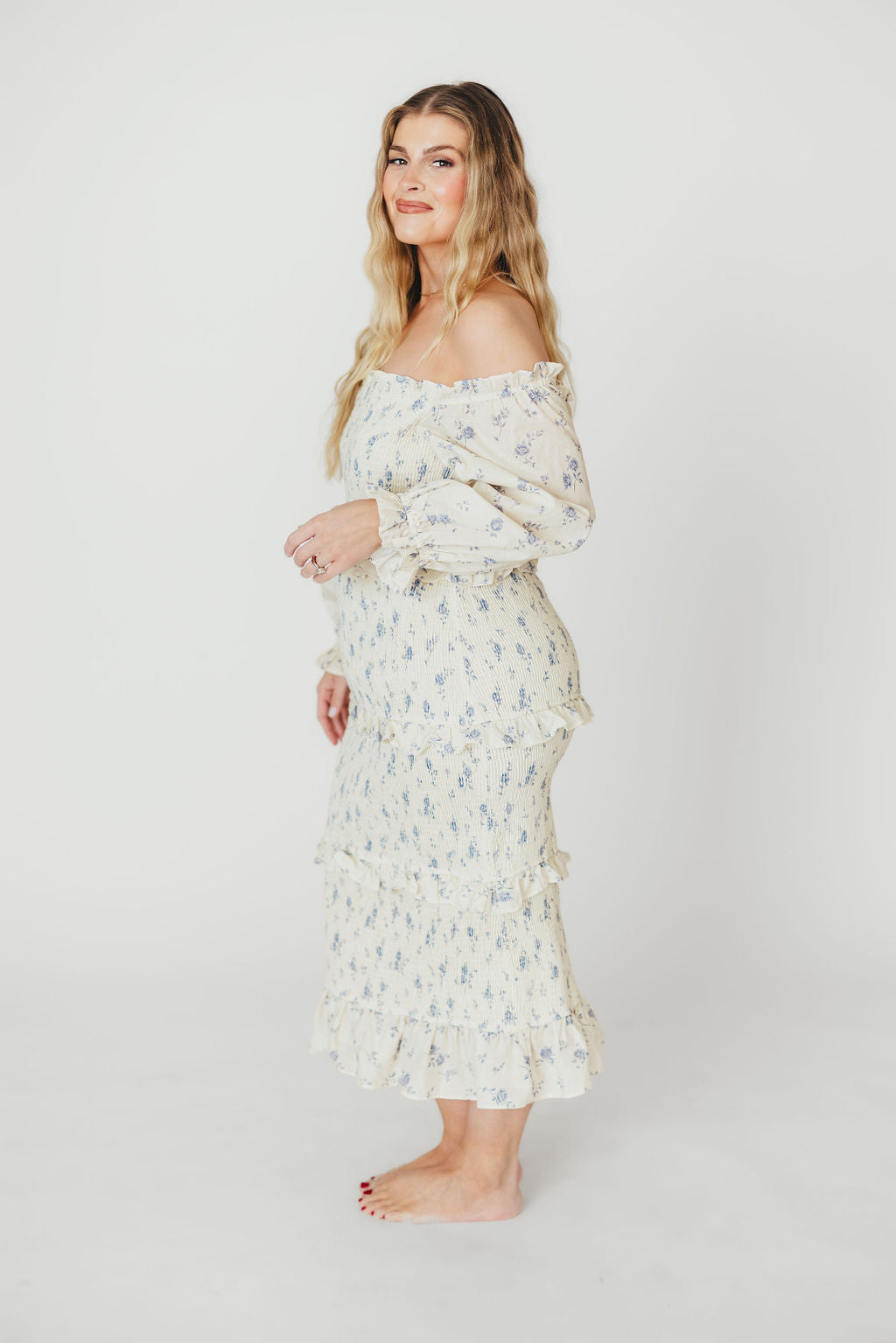 Chloe Maternity Midi Dress - Blue Flowy Bump-Friendly Dress for Pregnancy | Perfect for Baby Showers, Maternity Photos & Special Occasions