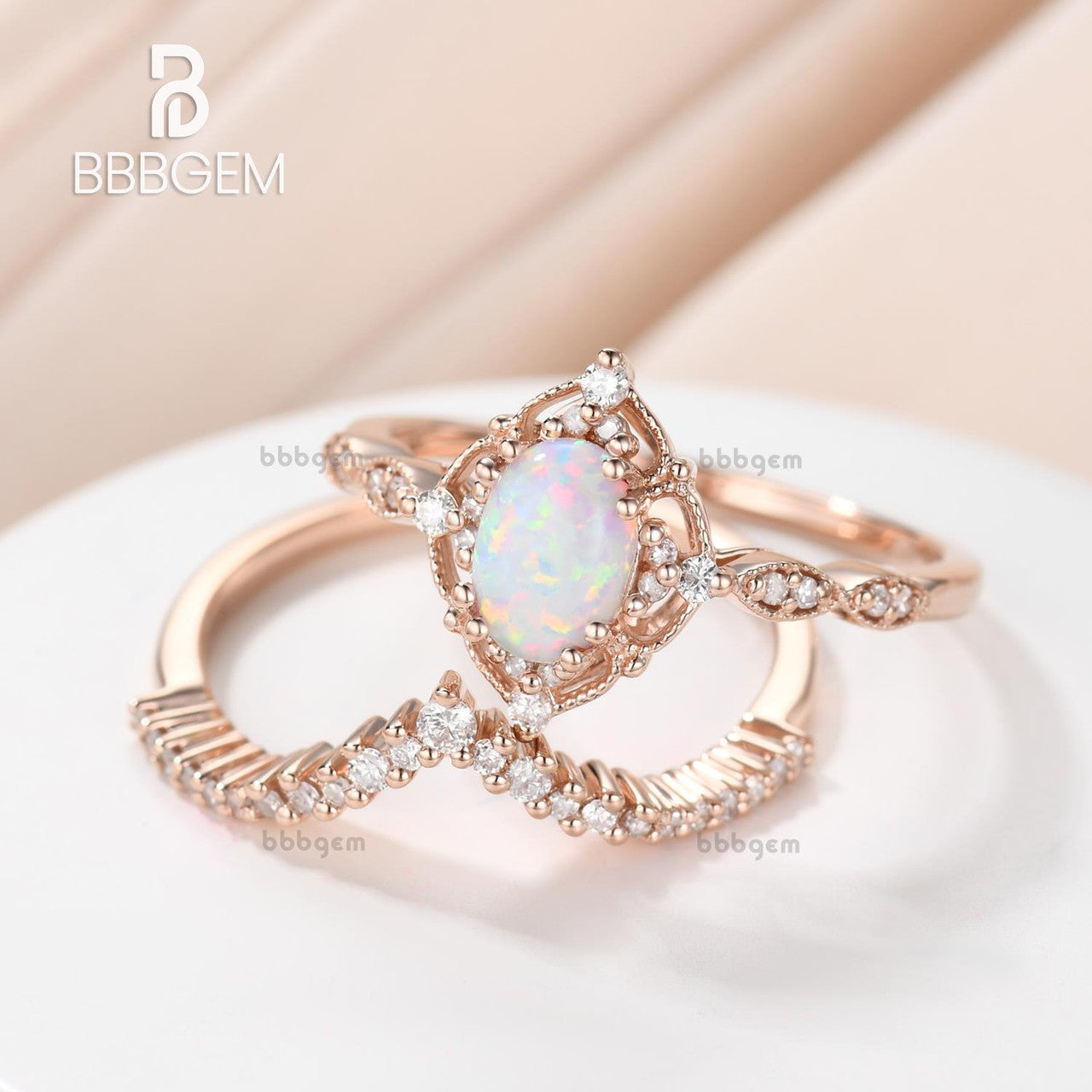 Vintage Art Deco Opal Bridal Ring Set - Oval Opal Engagement Ring with Rose Gold & Diamonds - Wedding & Anniversary Gift for Her - Perfect for Proposals, Bridal Jewelry & Special Occasions