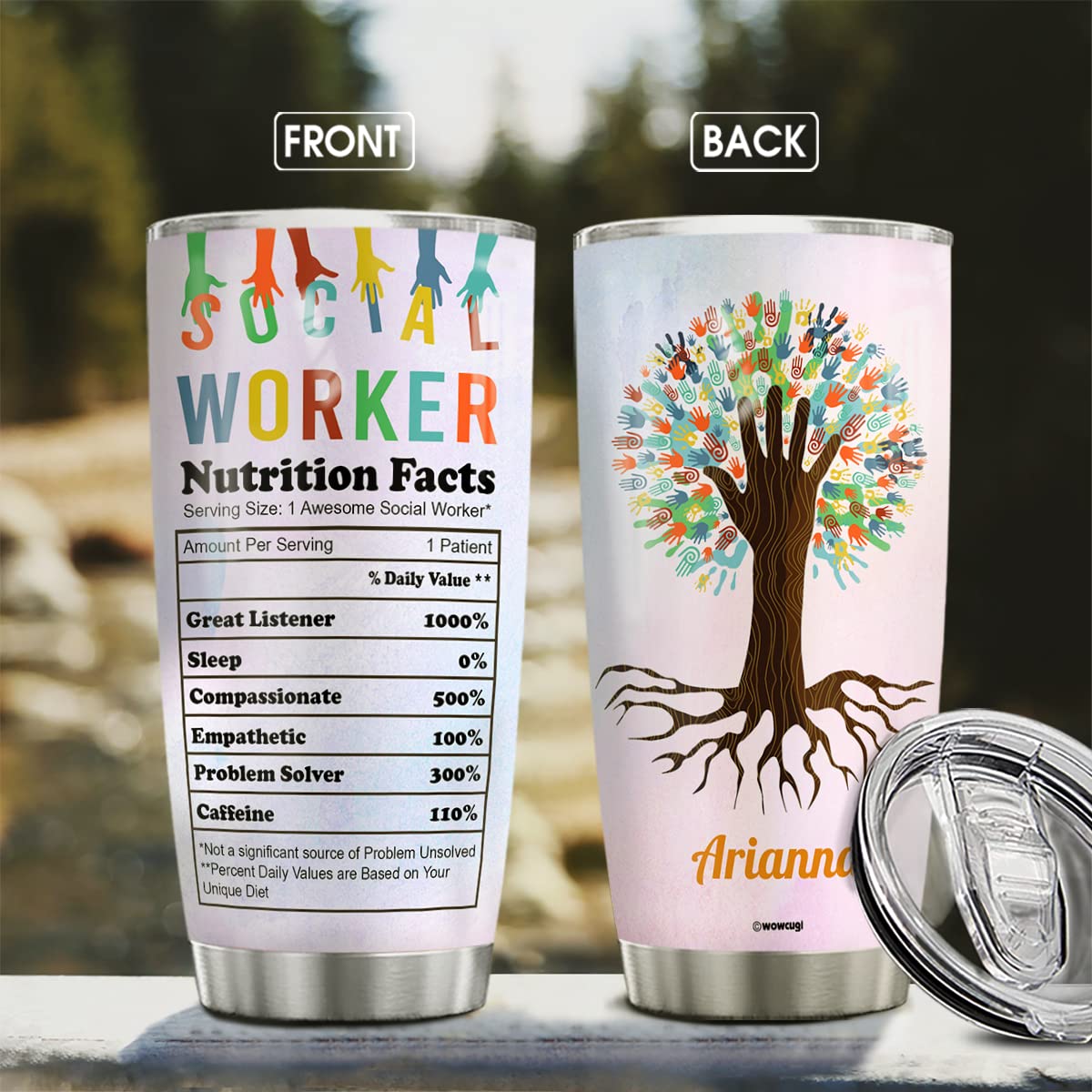 Wowcugi Personalized Social Worker Tumbler - 20oz & 30oz Insulated Coffee Mug with Lid - Custom Nutrition Facts Design - Great Gift for Social Workers, Coworkers, Men & Women - Double Wall Vacuum Insulated Travel Cup for Office, Home & Outdoor Adventures