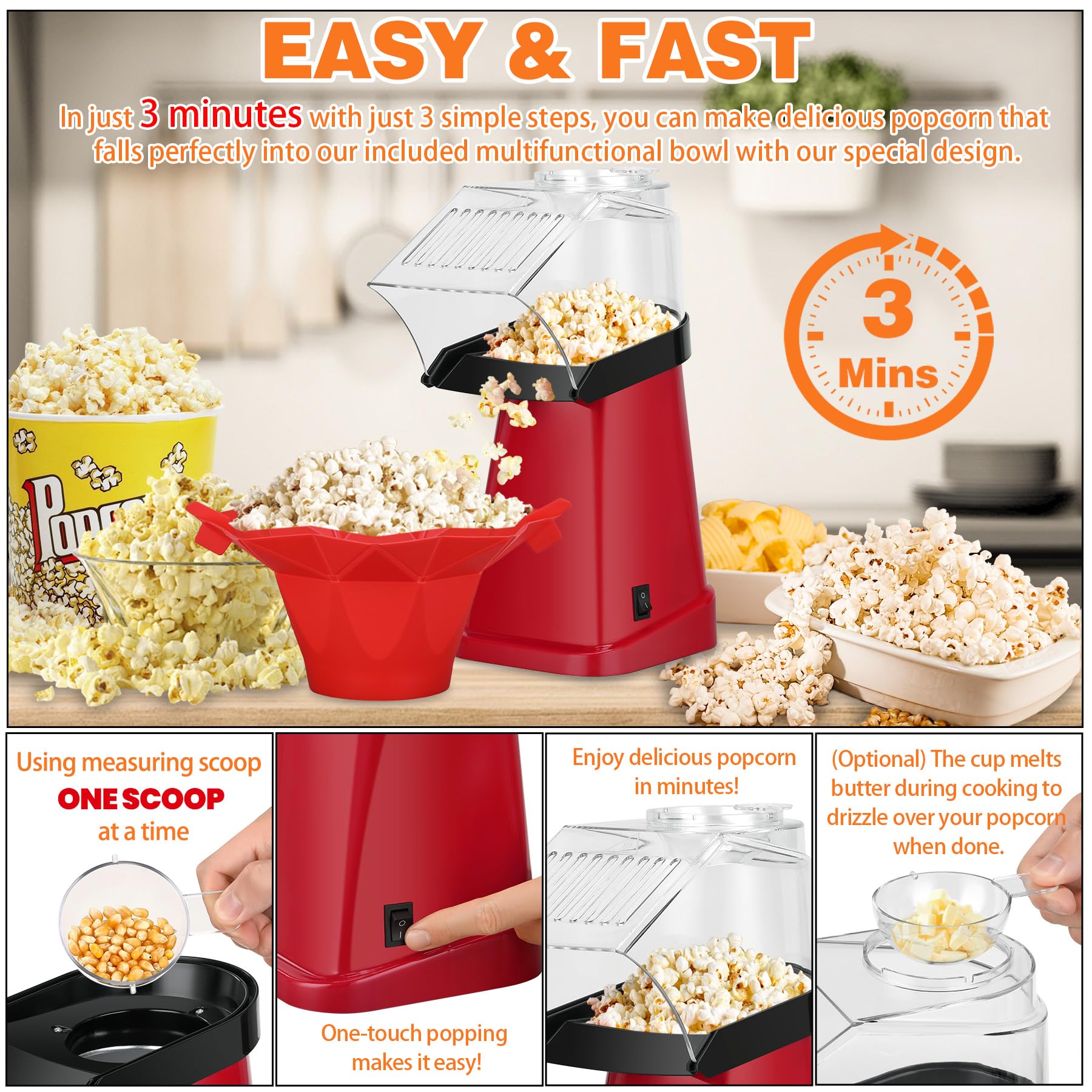 Fast Hot Air Popcorn Popper Machine with 16-Cup Bowl, Measuring Cup & Butter Tray - Quick Healthy Snack Maker for Movie Nights, Parties & Family Gatherings (Red)