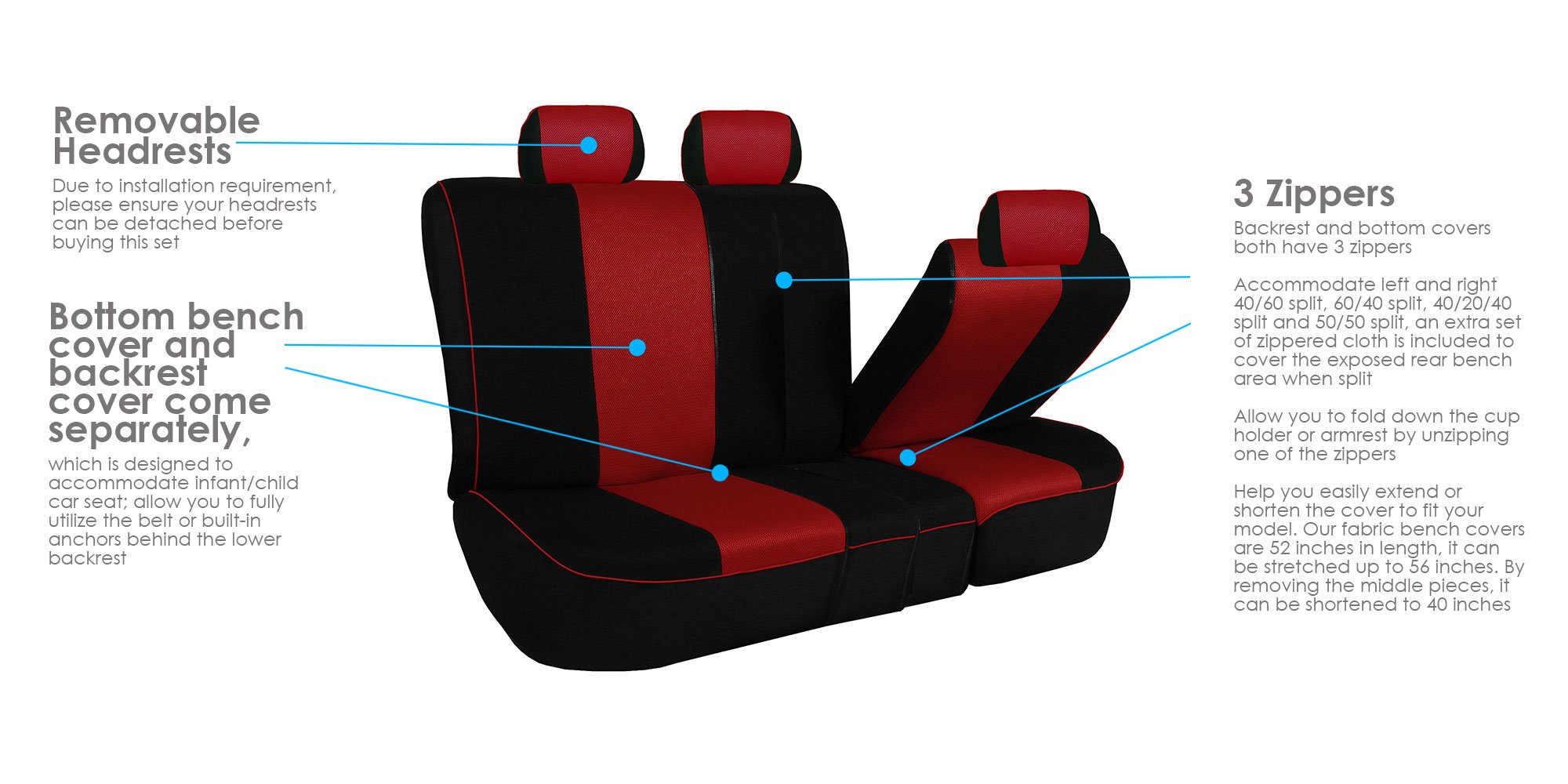 FH Group Universal Car Seat Covers Full Set - Red Cloth with Edgy Piping Design, Airbag Compatible & Split Rear for Cars, Trucks, SUVs | Durable Interior Accessories for Daily Commute, Road Trips & Family Protection