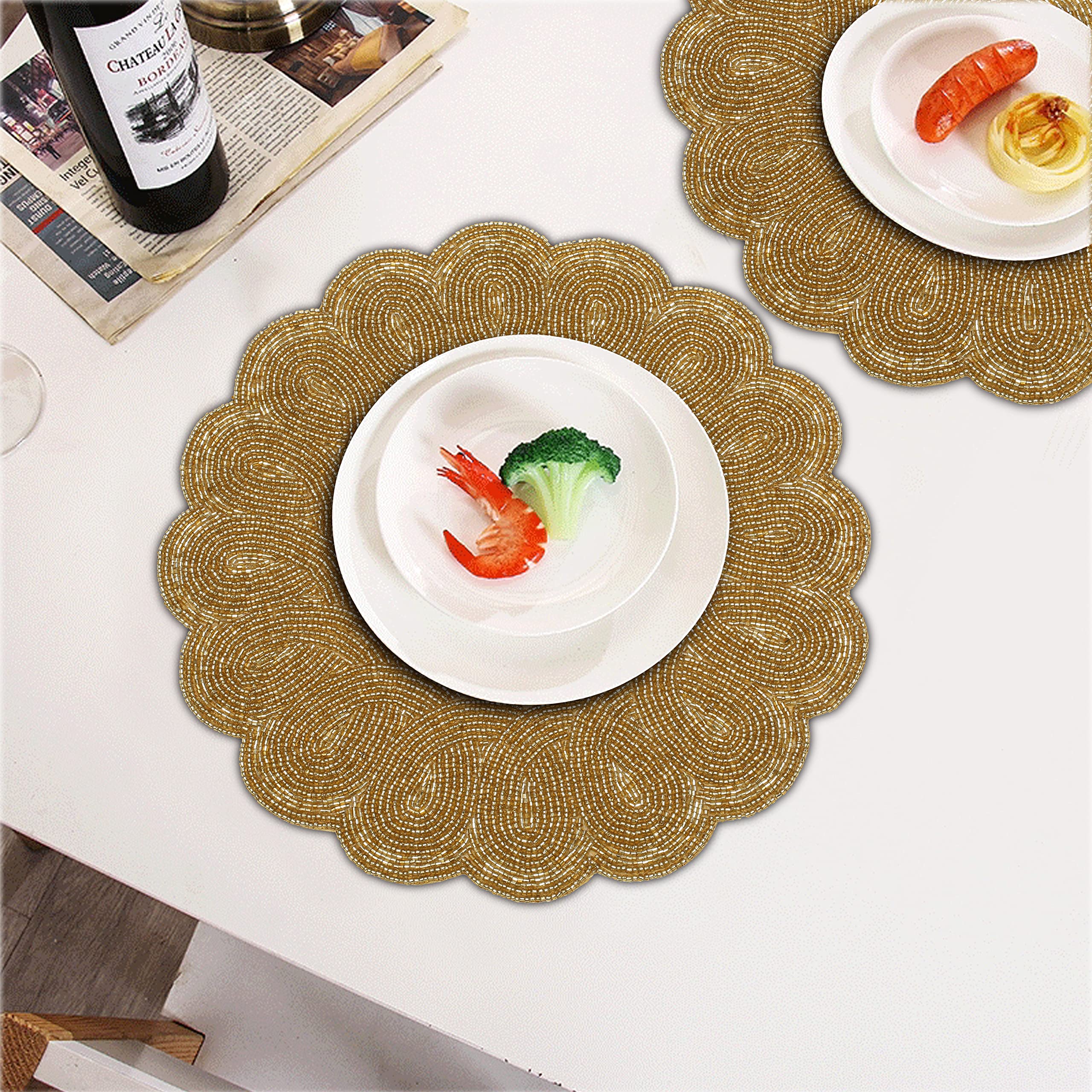 Lightnpro Christmas Beaded Placemat Set of 2 - 13 Inch Round Embroidered Gold Table Mats, Handmade Beaded Charger Plates for Holiday Dining Decor, Perfect for Christmas Dinner Party Table Setting & Festive Home Decor