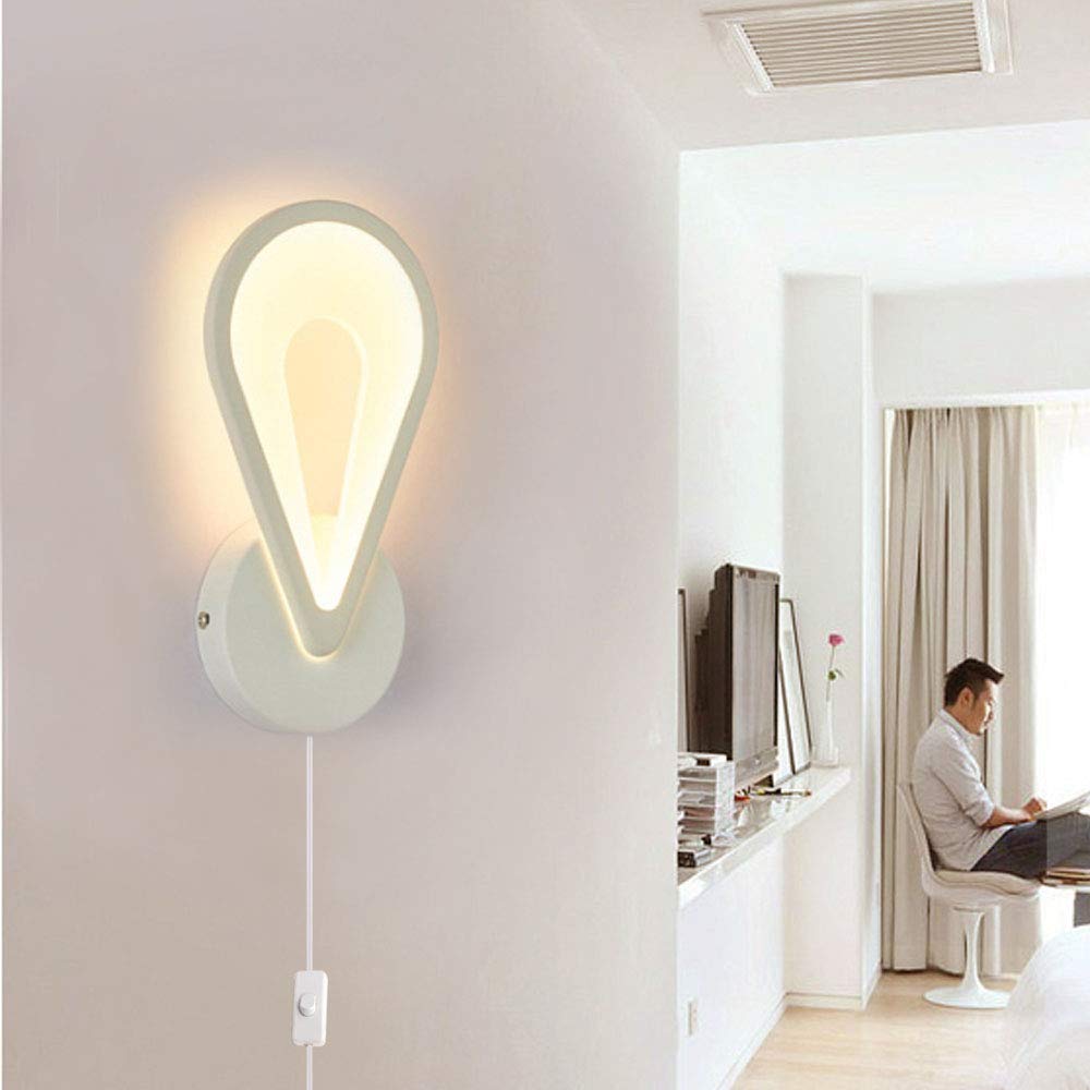 ANYE 11W LED Wall Sconce with PMMA Shade - Warm White Plug-in Wall Light with 5.9ft UL Certified Cord - Modern White Finish Wall Lamp for Living Room, Bedroom, Bathroom, Hotel & Cafe Decor Lighting BD1309