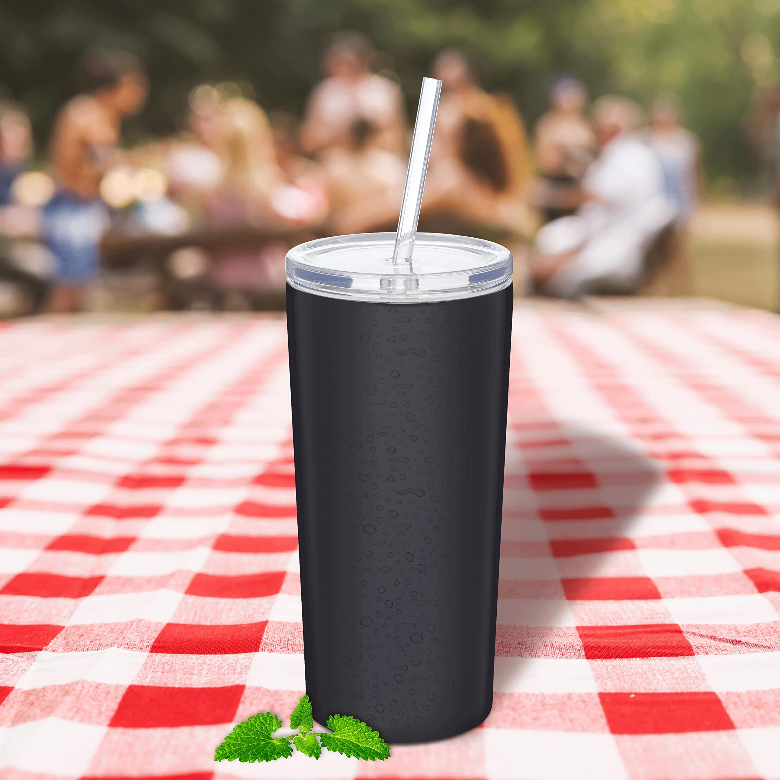 6 Pack Mira Stainless Steel Tumblers with Straws - 16oz Double Wall Insulated Cups - Custom Text/Logo - Tritan Lid - Black - Perfect for Office, Gym & Outdoor Activities