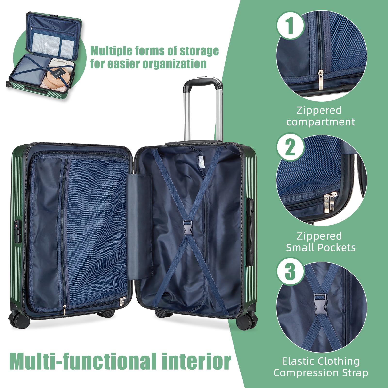 20 Inch Lightweight ABS Hardside Carry On Luggage with 360° Spinner Wheels & TSA Lock - Green Suitcase for Travel, Business Trips & Weekend Getaways