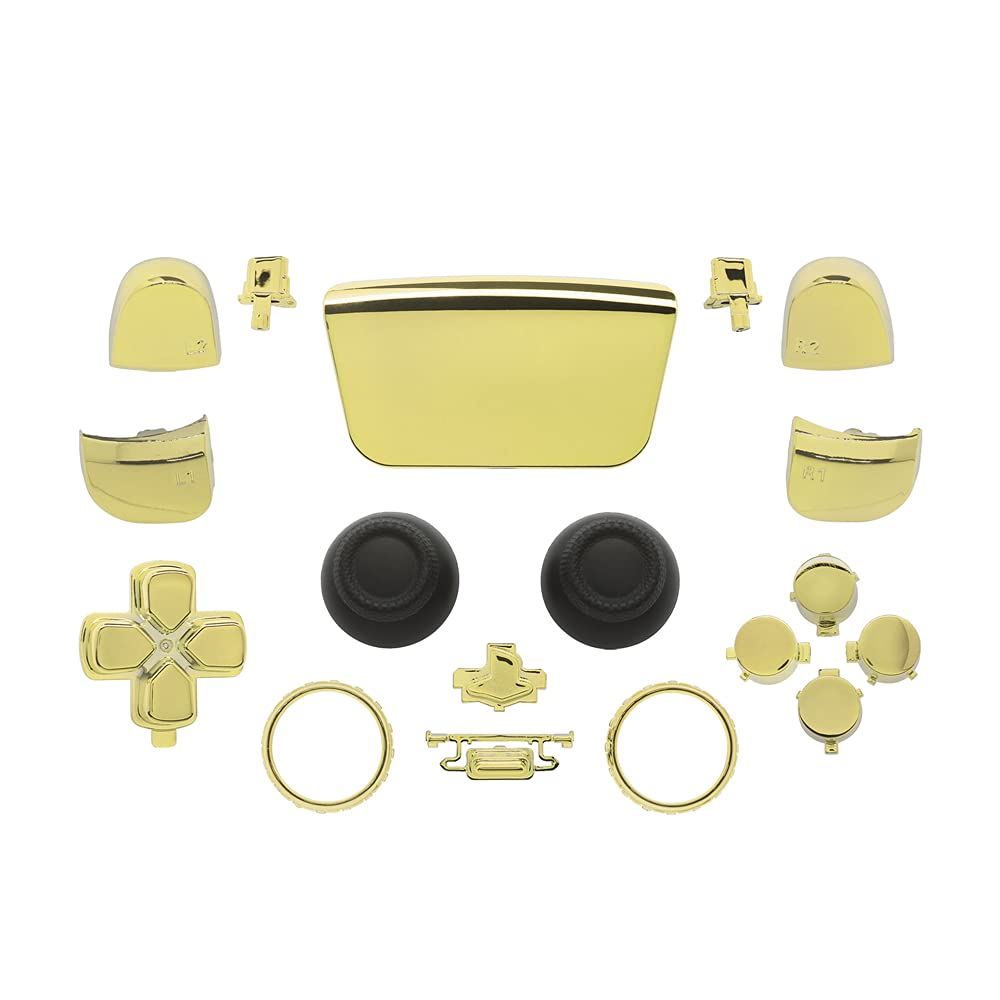 Chrome Gold PS5 Controller Button Set - Replacement D-pad, R1 L1 R2 L2 Triggers, Touch Pad, Share & Options Buttons, Thumbsticks with Accent Rings for Playstation 5 - Perfect for Gaming, Customization & Controller Repair