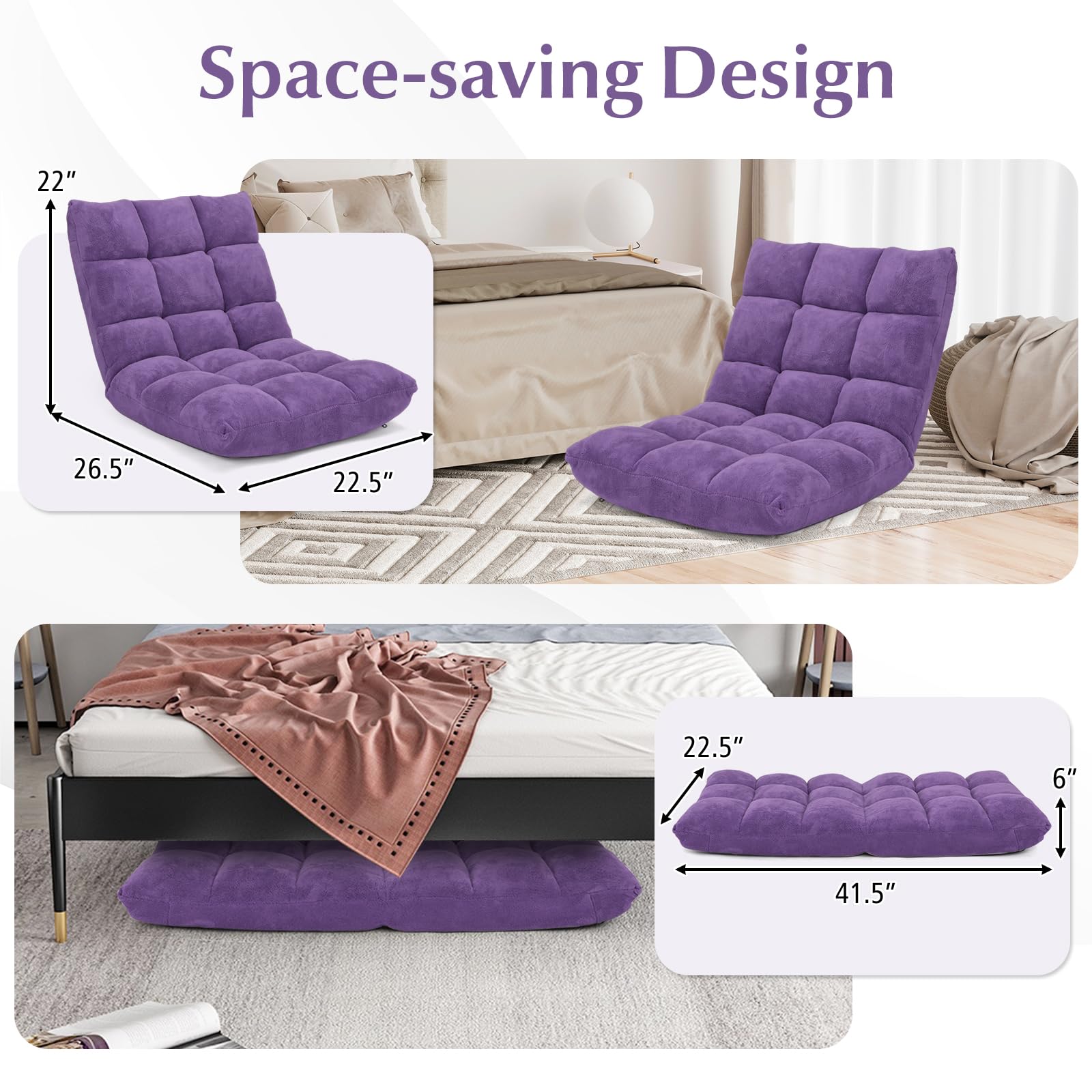 14-Position Adjustable Floor Sofa - Foldable Gaming Chair with Comfortable Cushions & Sturdy Steel Frame - Multi-Angle Recliner for Living Room, Bedroom, Dorm - Perfect for Gaming, Reading, Napping & Relaxing (Purple)