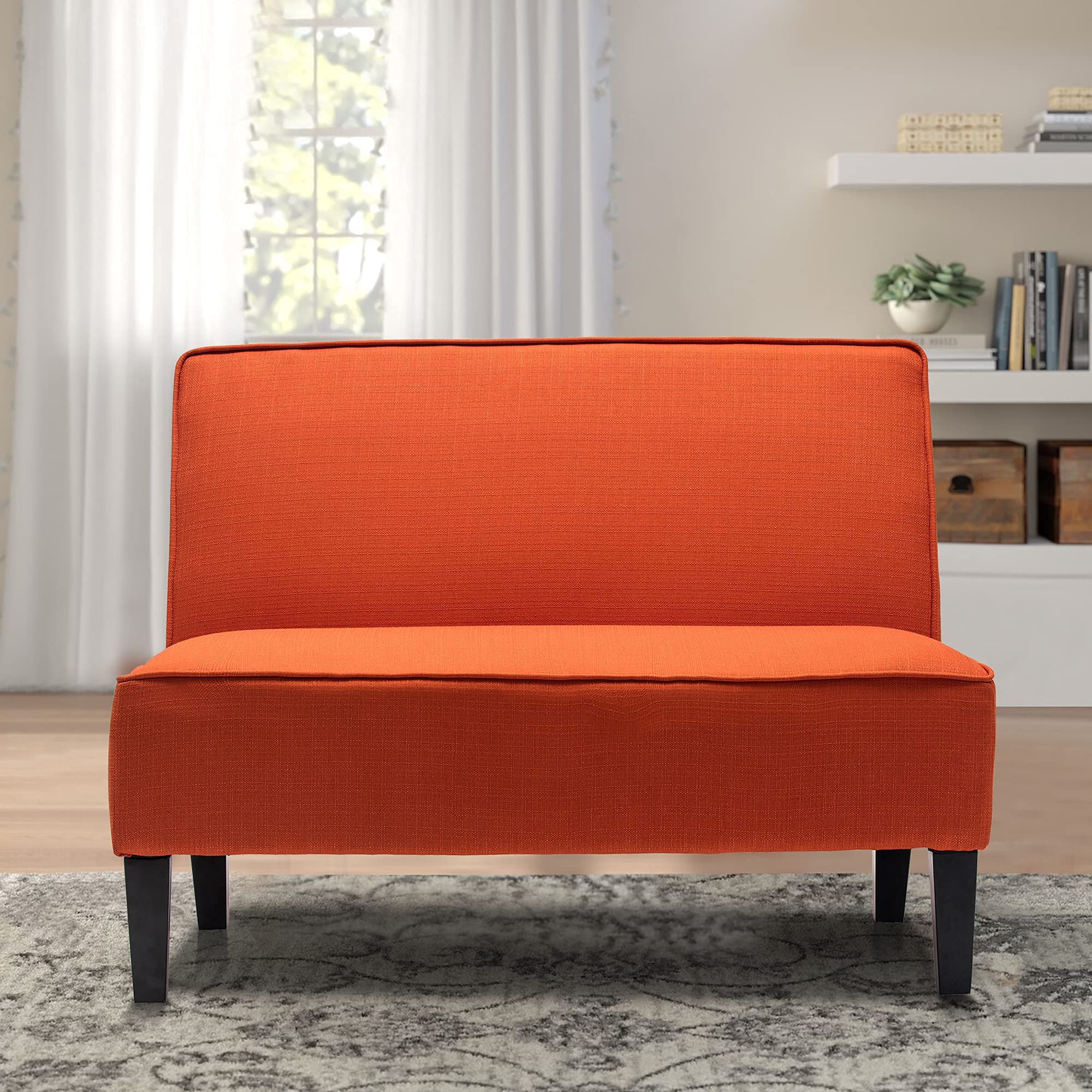 Yongqiang Small Loveseat Mini Sofa - Upholstered Accent Bench with Backrest, Armless Love Seat for Living Room, Bedroom & Office - Perfect for Small Spaces, Reading Nooks & Cozy Corners - Orange