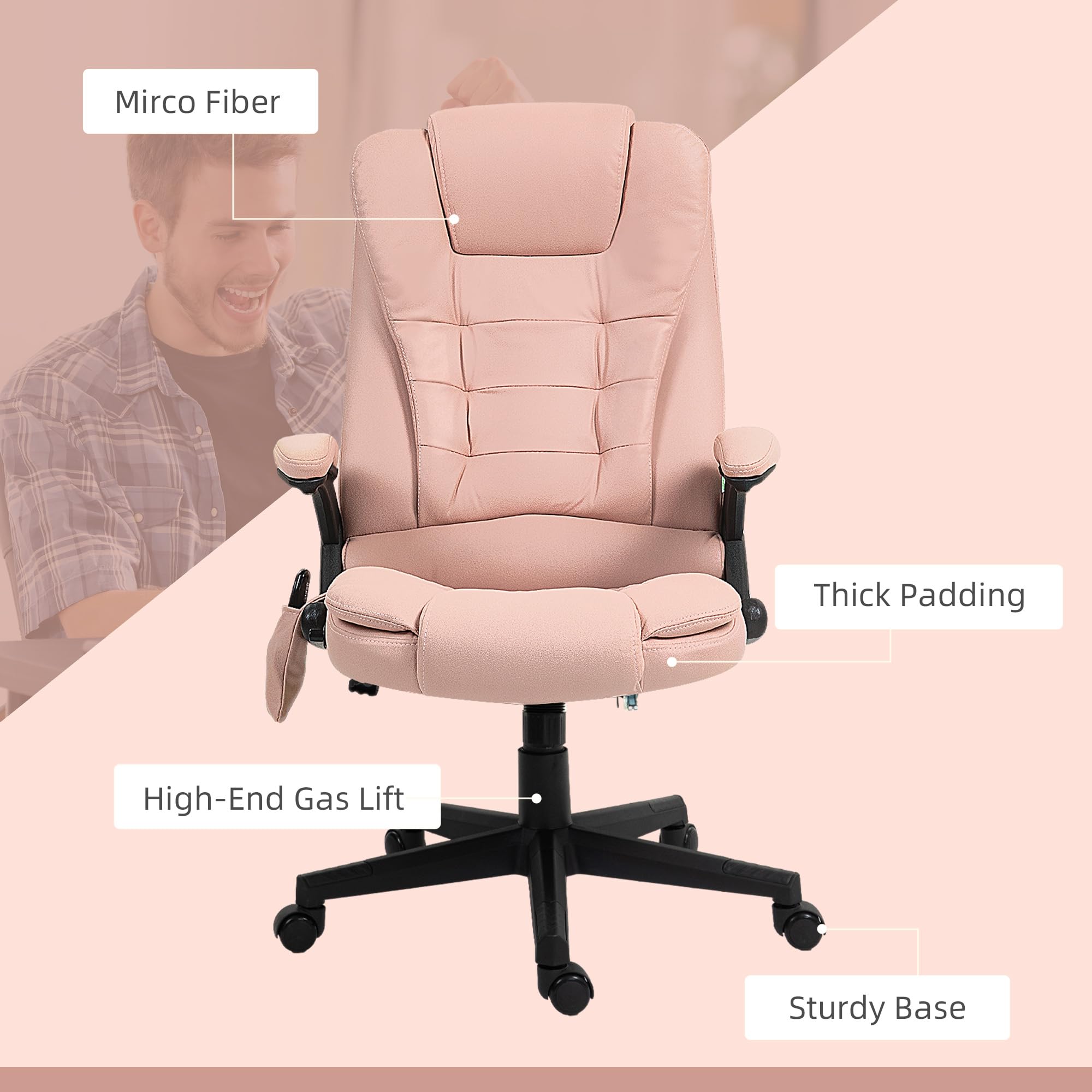 HOMCOM 6-Point Vibrating Massage Office Chair with Heating - High Back Executive Chair with Reclining Function, Padded Armrests & Remote Control - Pink Microfiber Ergonomic Chair for Home & Office Use - Perfect for Work, Relaxation & Pain Relief