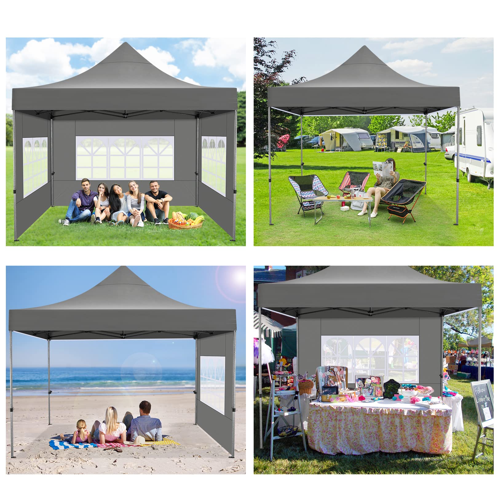COBIZI 10x10 Pop Up Canopy Tent - Heavy Duty Waterproof Commercial Canopy with 4 Sidewalls & Wheeled Carry Bag - Gray 10x10ft Outdoor Shelter for Parties, Events, Camping, Beach & Backyard Gatherings