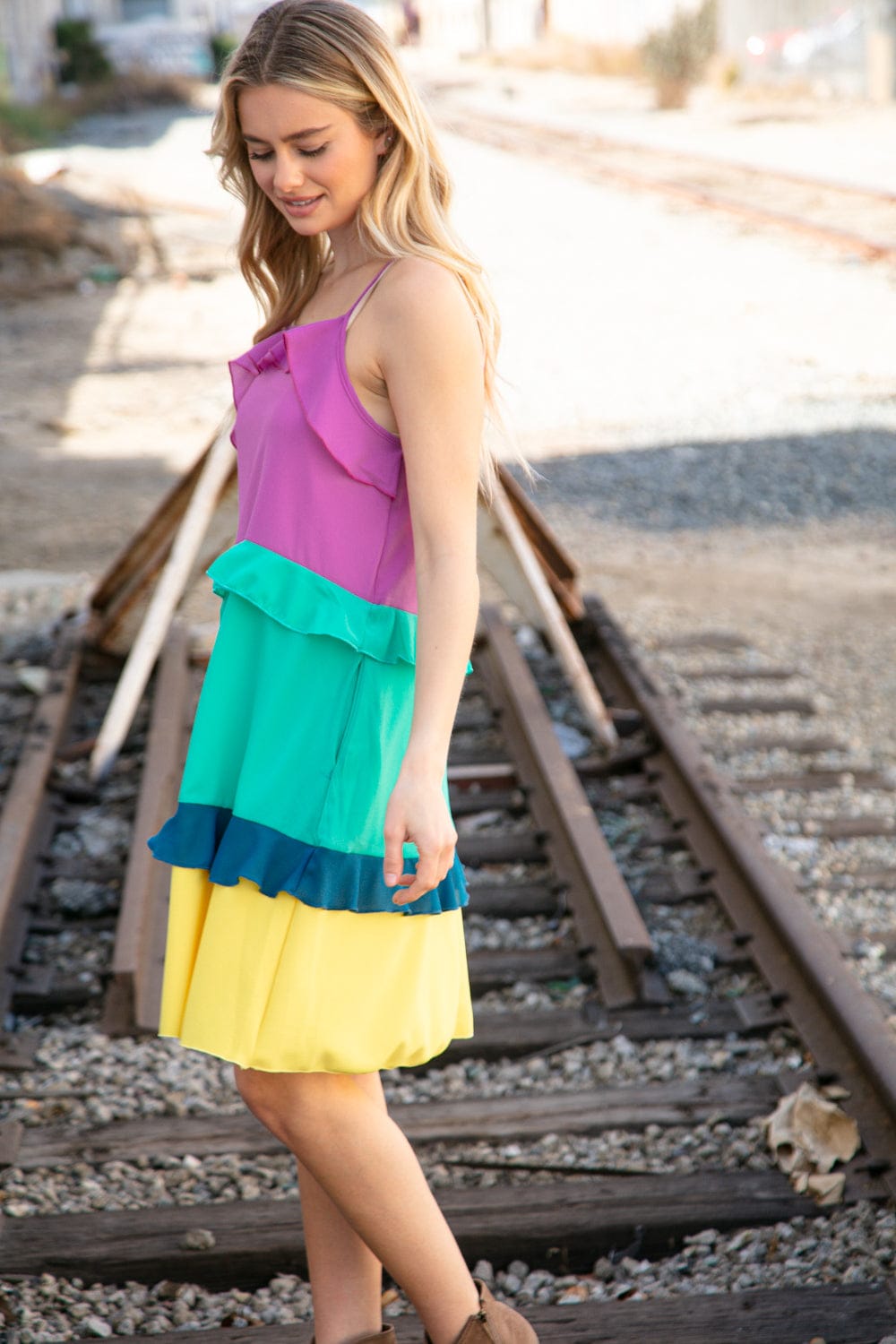 Fuchsia Shoulder Strap Color Block Tiered Ruffle Dress for Women - Elegant Summer Party Cocktail Dress for Weddings, Date Nights & Special Occasions