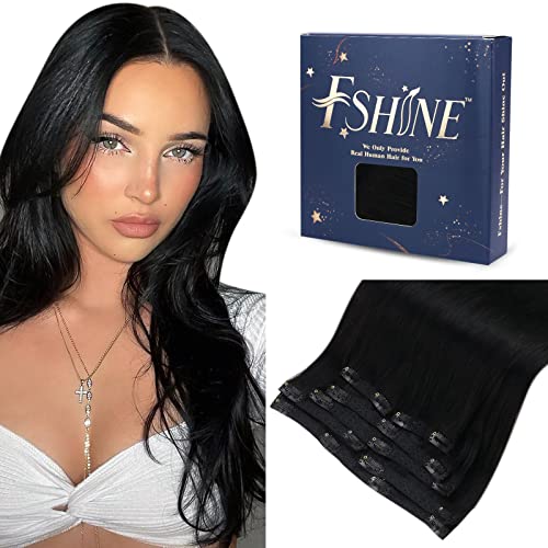 Fshine 20 Inch Clip in Human Hair Extensions - Jet Black Seamless Remy Hair, Double Weft Straight Natural Hair, 7pcs 100g | Perfect for Parties, Weddings & Daily Styling