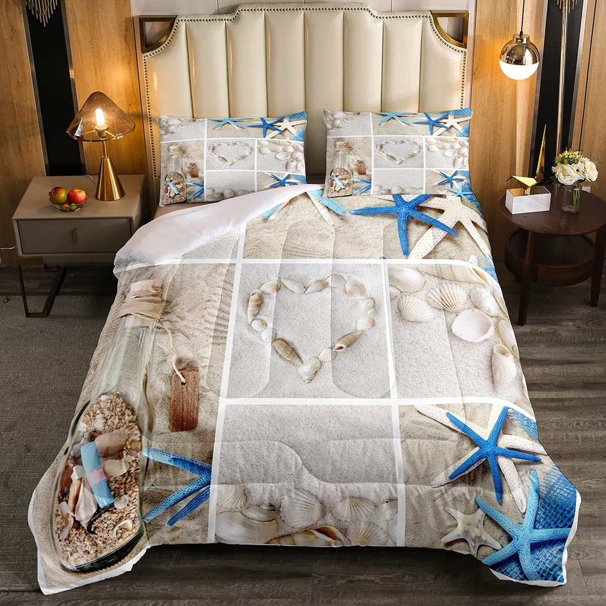 Erosebridal Ocean Themed Twin Size Beach Comforter Set - Coastal Nature Duvet Cover with Starfish & Heart Design for Kids, Teens & Adults | Perfect for Beach House Bedrooms, Summer Decor & Coastal Themed Guest Rooms