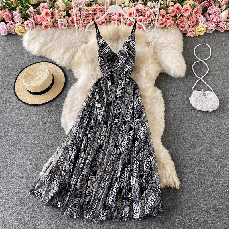 Vintage Letter Printed Mesh Spaghetti Strap A-Line Summer Dress - Perfect for Beach Vacations, Date Nights & Casual Outings