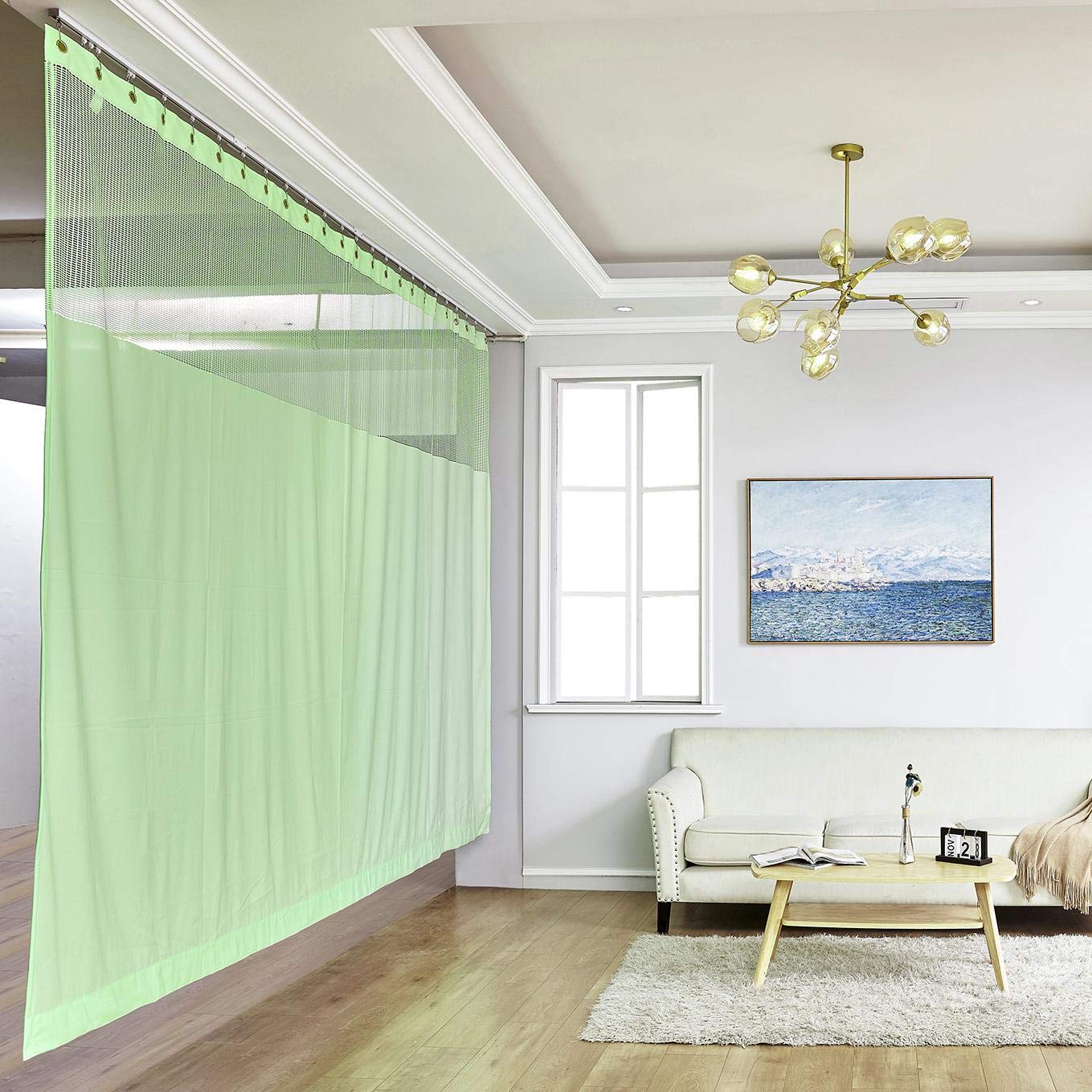 TWOPAGES Flame Retardant Privacy Divider Curtain - 15ft Wide x 8ft Tall, Grommet Top Panel in Green - Ideal for Hospitals, Offices & Event Spaces