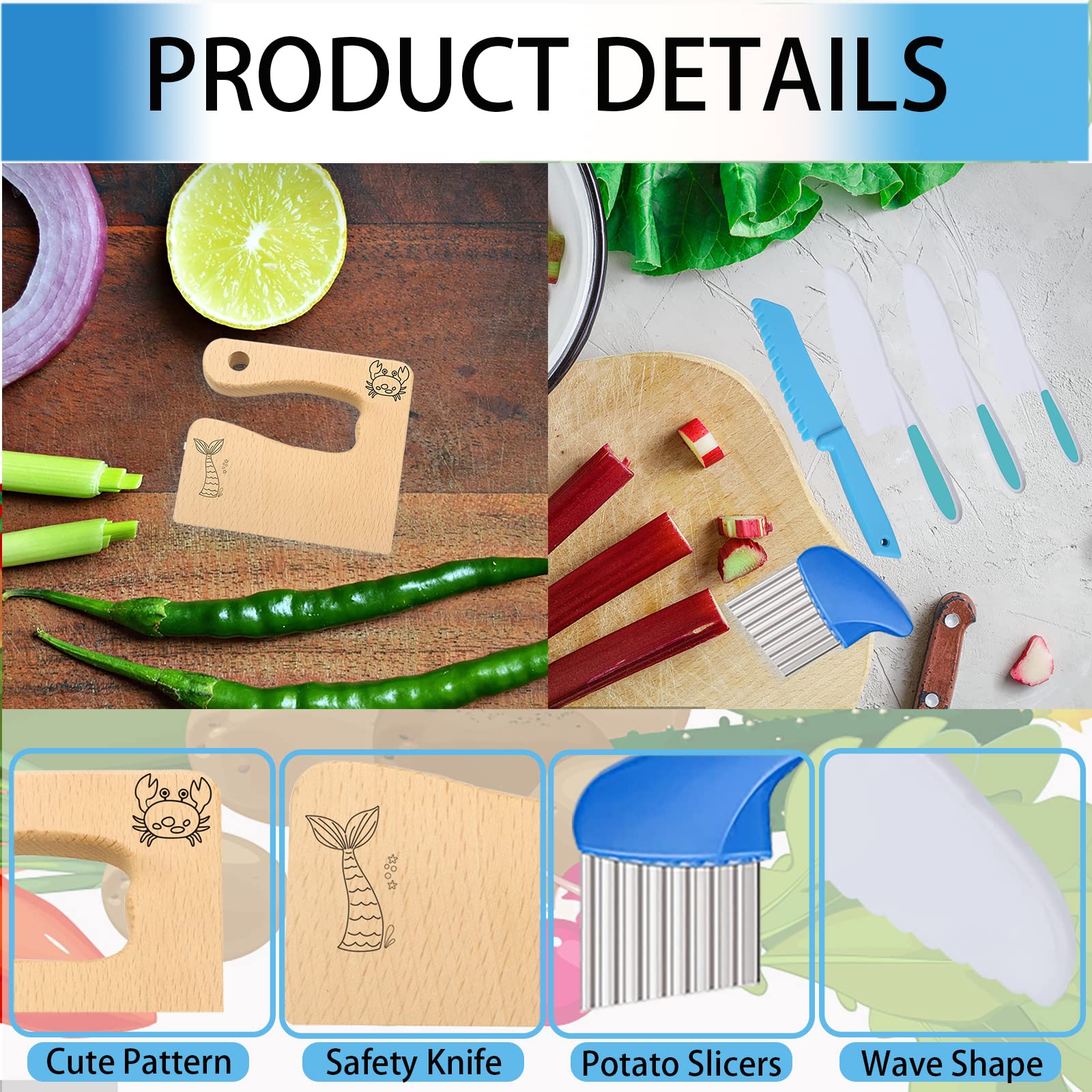 KOLODOGO 16-Piece Wooden Kids Kitchen Playset - Safe Wooden Knives, Potato Slicers, Cake Scraper & Cutting Board for Toddlers - Pretend Play & Learning Toy for Preschoolers - Perfect for Montessori & Role-Playing Games