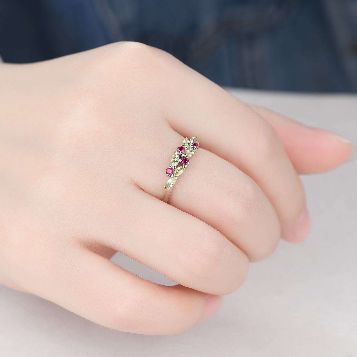 Marquise Peridot and Ruby Cluster Wedding Band Ring in 14K White Gold - Elegant Multicolor Bridal Jewelry for Engagement, Anniversary & Special Occasions