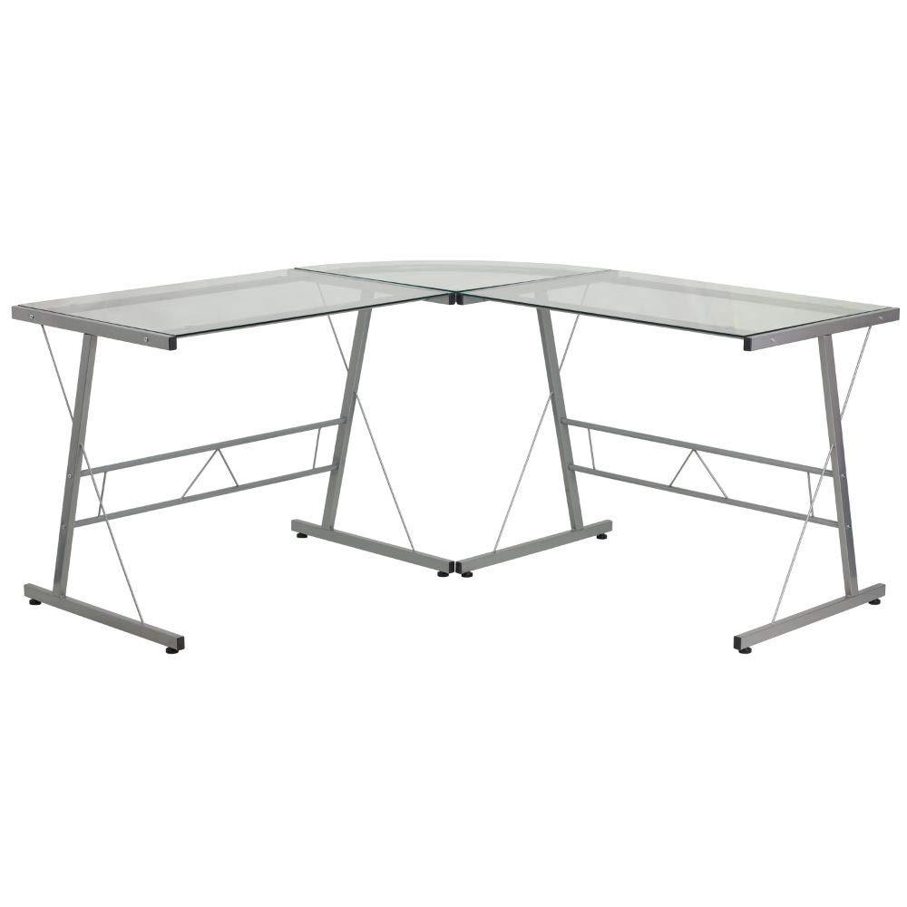 Flash Furniture Modern Glass L-Shaped Computer Desk with Sturdy Silver Metal Frame - Perfect for Home Office, Gaming Setup & Small Workspaces