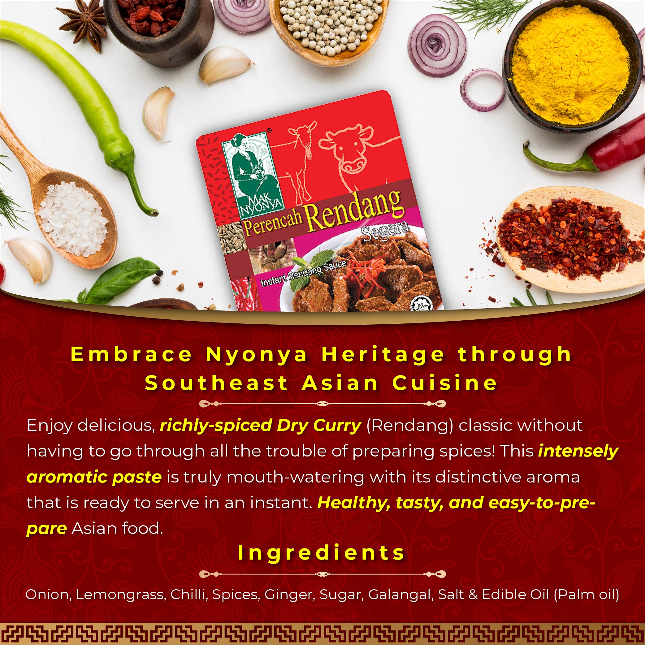 Authentic Mak Nyonya Instant Rendang Sauce - 7oz (200g) Dry Curry Paste for Beef, Chicken, Fish, Seafood & Vegetables | Quick & Easy Malaysian Curry Meal Solution for Busy Weeknights & Family Dinners