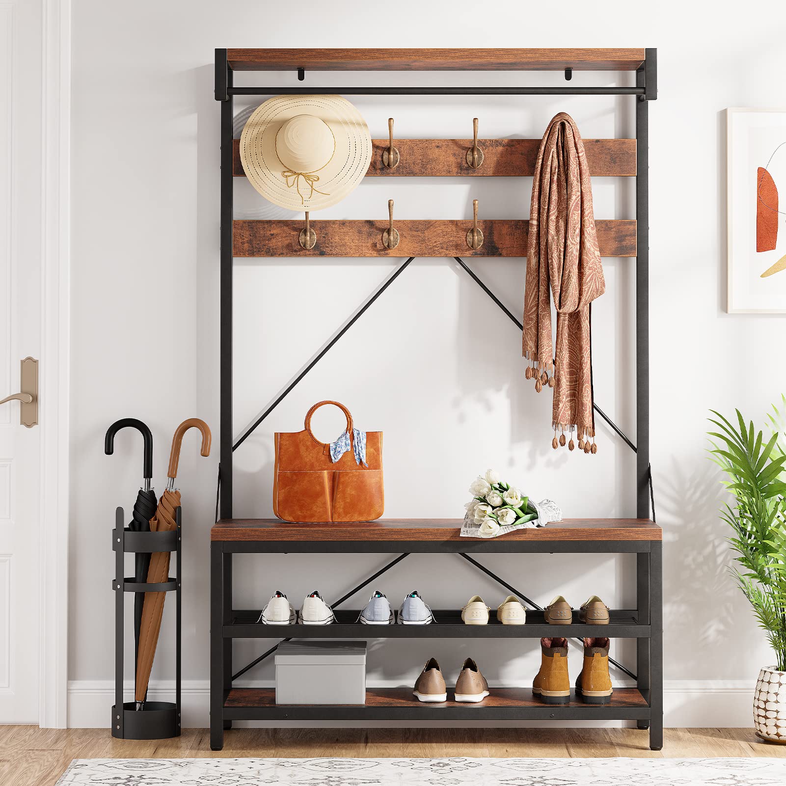 IDEALHOUSE 5-in-1 Entryway Hall Tree with Coat Rack, Shoe Storage Bench & Hanging Hooks - Rustic Brown Wood Look Storage Organizer for Entry, Mudroom, or Bedroom (39.9