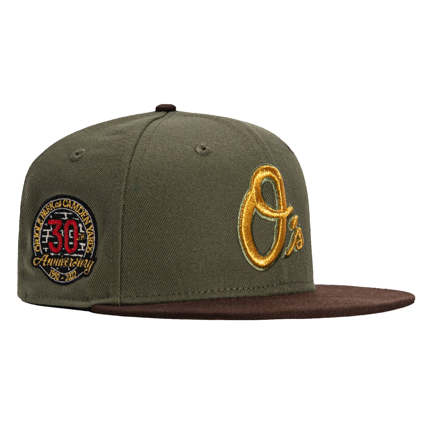 New Era 59Fifty Sinister Pack Baltimore Orioles 30th Anniversary Stadium Patch Alternate Baseball Cap - Olive & Brown - Official MLB Licensed Hat for Fans & Collectors | Perfect for Games, Tailgating & Streetwear Fashion
