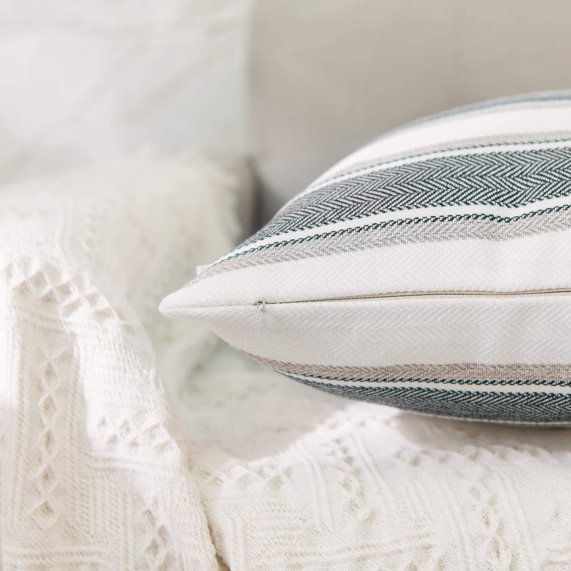 Soft Faux Linen Decorative Throw Pillow Cover - Black & White Striped Lumbar Cushion Case with Hidden Zipper (12x18 Inch) for Bed, Sofa, Car & Home Decor