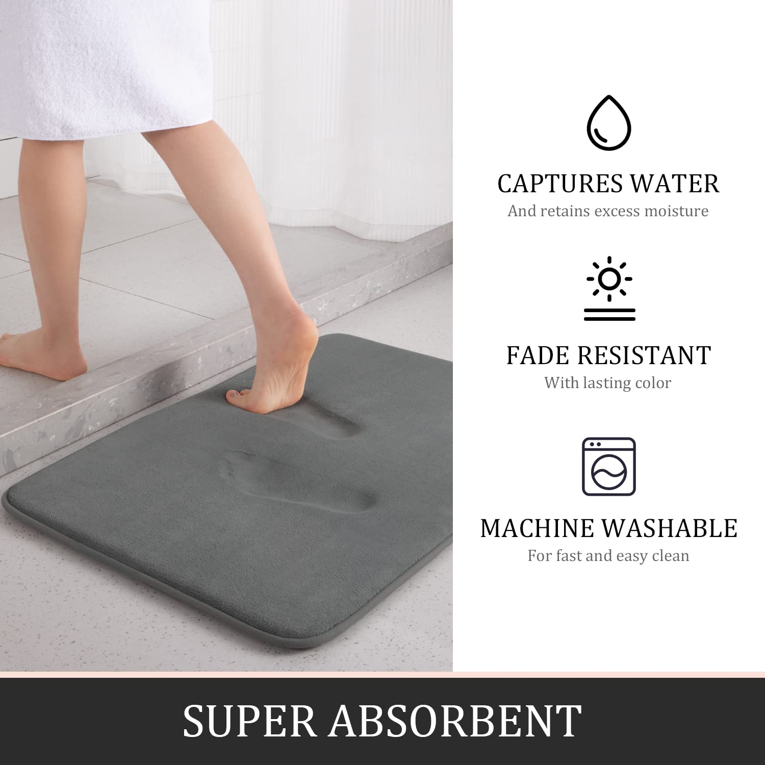 YIHOUSE 3-Piece Bathroom Rug Set - Non-Slip Memory Foam Mats for Shower, Tub & Sink - Dark Grey