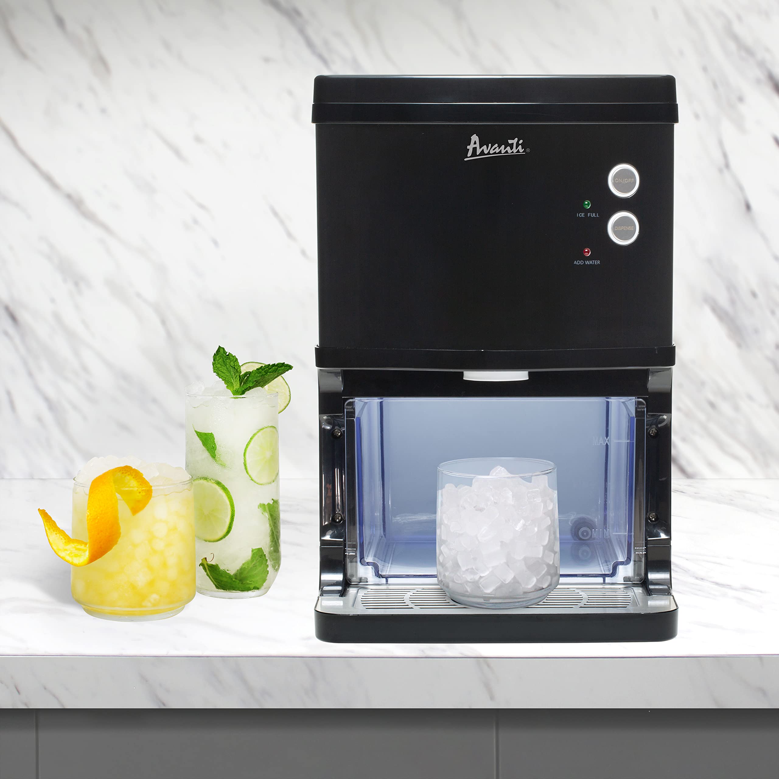Avanti Elite Series Countertop Nugget Ice Maker and Dispenser - 33 lbs Daily Output, Black Stainless Steel (NIMD3314BS-IS) - Perfect for Home Bars, Offices, and Restaurants