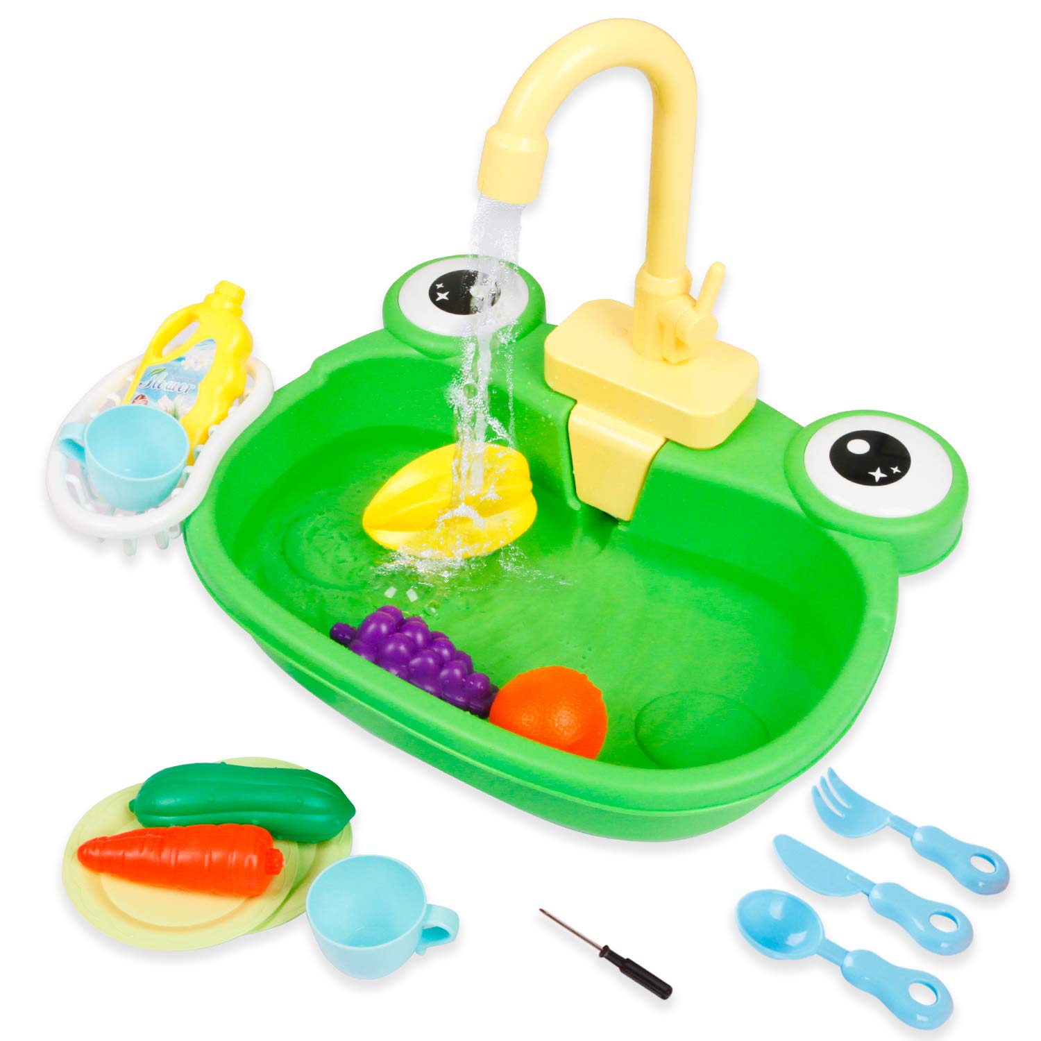 Ruibytree Kids Pretend Play Kitchen Sink Toy with Electric Running Water Faucet, Dishwasher & Cutting Food Set - Role Play Accessories for Toddlers (Cute Frog Design) | Perfect for Imaginative Play, Preschool Learning & Birthday Gifts