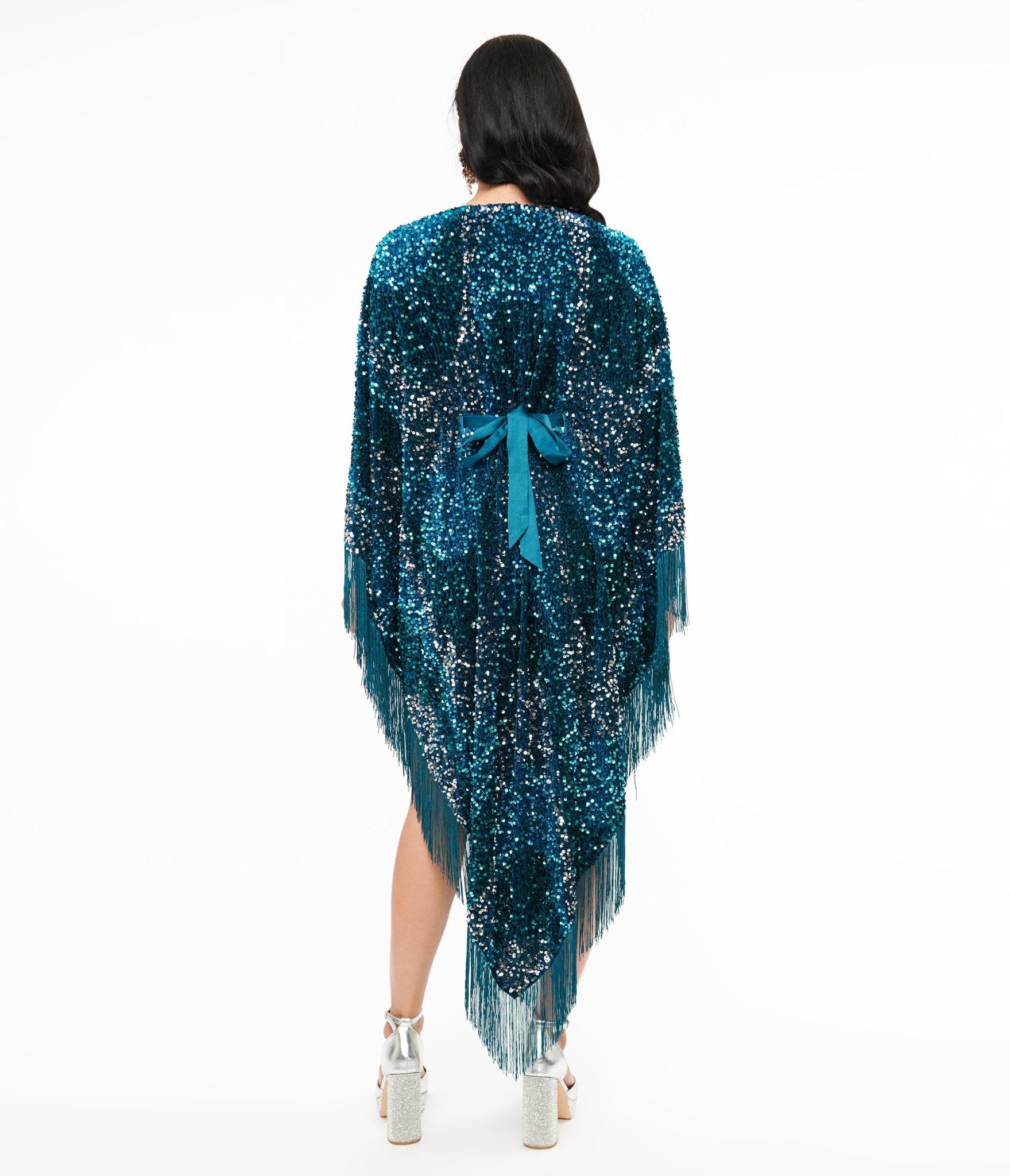 Vintage 1970s Teal Sequin Fringe Caftan Dress by Smak Parlour | Retro Boho Party Dress for Women | Perfect for Festivals, Beach Cover-Ups & Evening Events