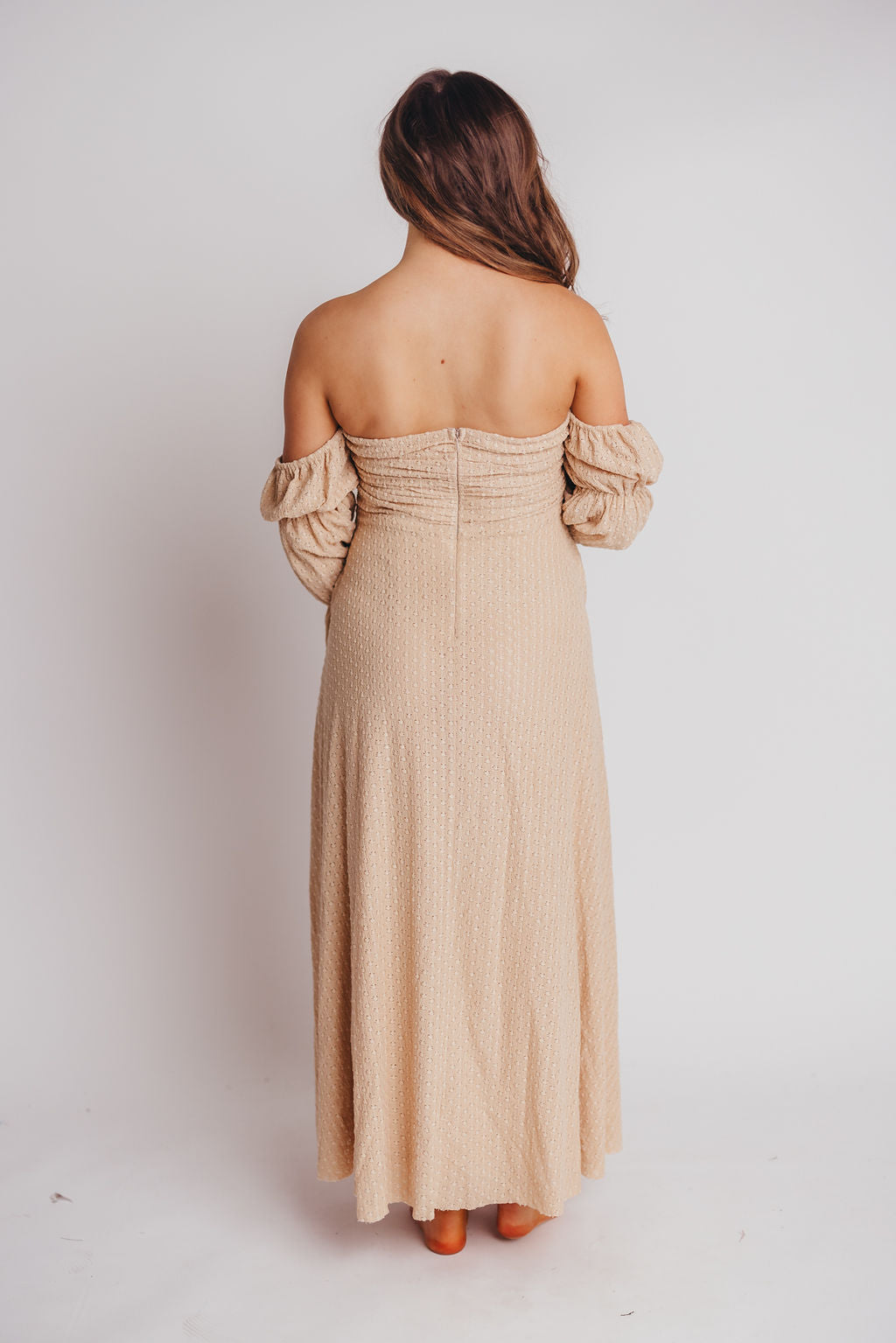 Corrine Tiered Sleeve Maxi Dress with Pockets - Bump Friendly Maternity Dress in Beige | Perfect for Pregnancy, Nursing, and Special Occasions