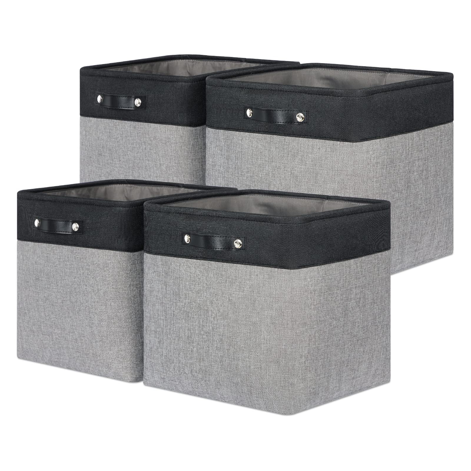 Bidtakay 13x13 Inch Cube Storage Bins - Collapsible Fabric Storage Baskets with Leather Handles for Home Organization (Black & Grey) | Perfect for Shelves, Closets, and Kids' Room Storage