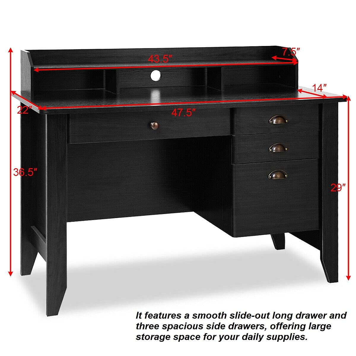 Black Modern Home Office Computer Desk with 4 Drawers - Spacious Workstation with Desktop Shelf - Ergonomic Writing Table for Laptop, Study & Work - Perfect for Small Spaces, Remote Work & Online Classes