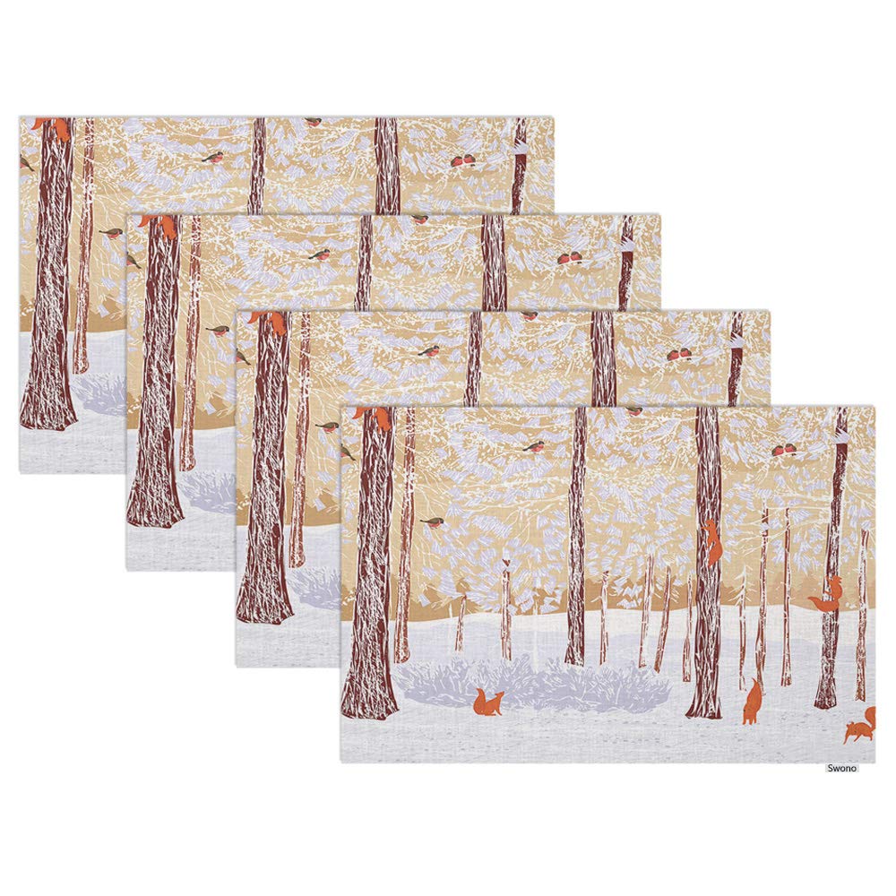 Swono 4-Pack Winter Pine Forest Placemats with Squirrels & Bullfinches - 12x18 Inch Oilproof Dining Table Mats for Kitchen & Home Decor - Perfect for Holiday Dinners, Family Gatherings & Cozy Winter Meals
