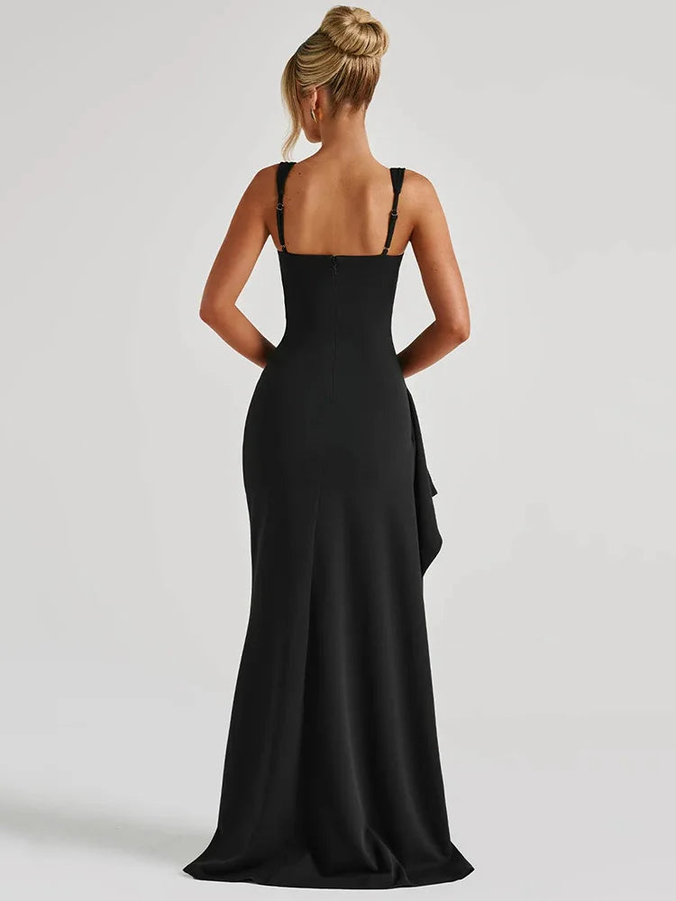 Sexy Black Backless Maxi Dress for Women - Spaghetti Strap Sleeveless Evening Gown with Thigh High Split | Perfect for Club Nights, Parties & Special Occasions